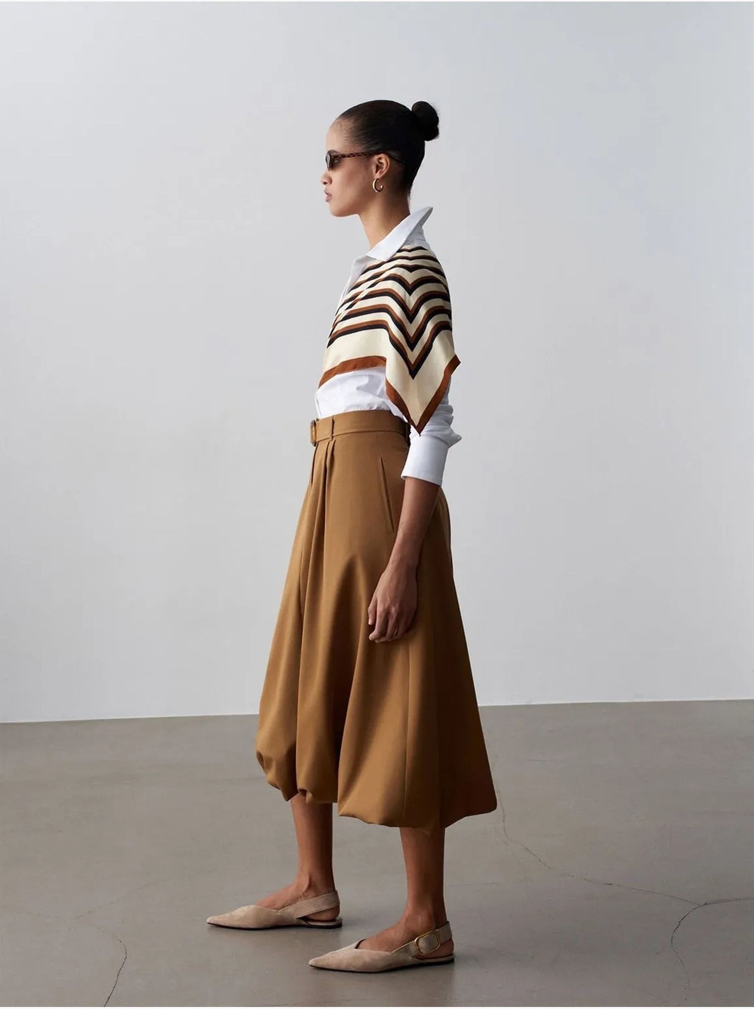 DILVIN Jupe Midi Ballon Taille Haute Avec Ceinture - Camel