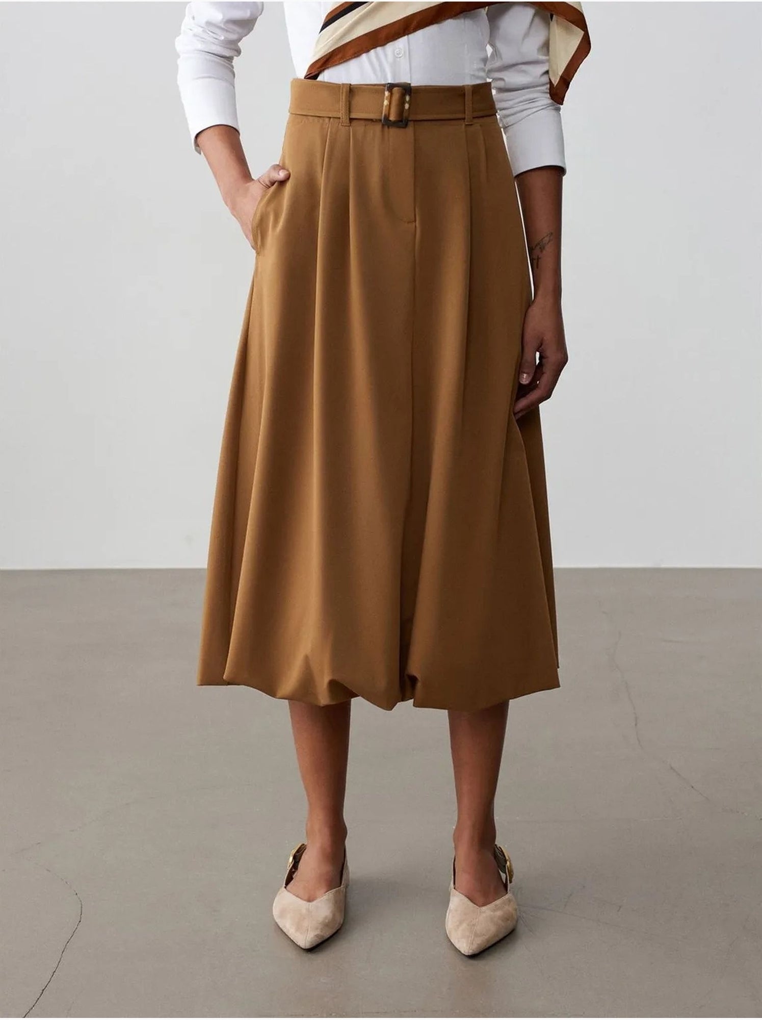 DILVIN Jupe Midi Ballon Taille Haute Avec Ceinture - Camel