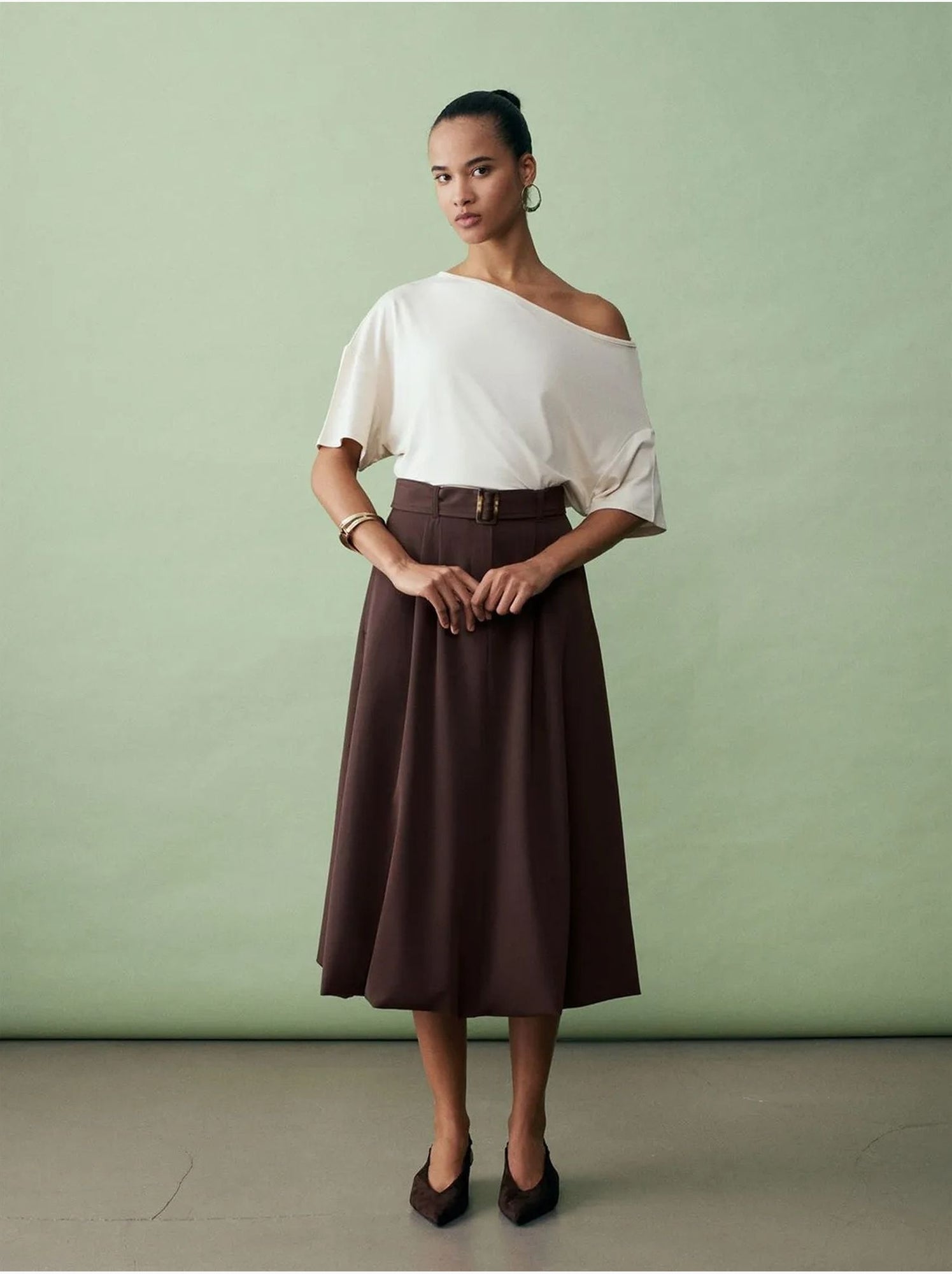 DILVIN Jupe Midi Ballon Taille Haute Avec Ceinture - Marron chocolat