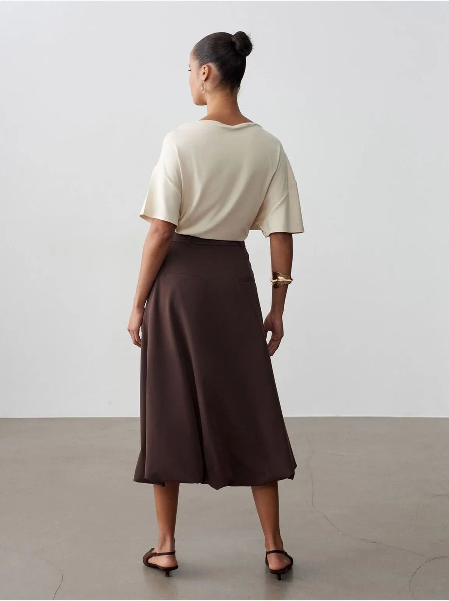DILVIN Jupe Midi Ballon Taille Haute Avec Ceinture - Marron chocolat