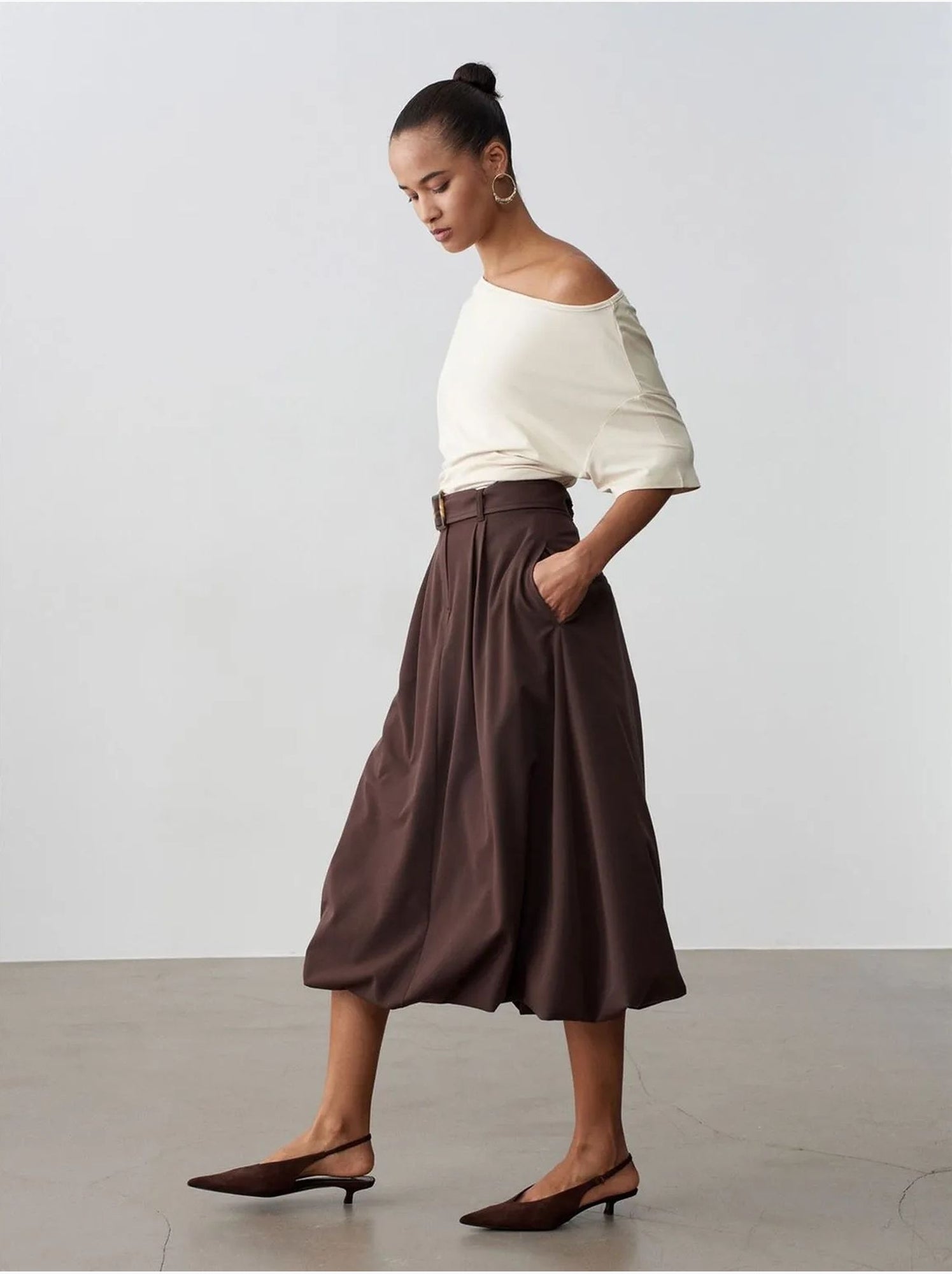 DILVIN Jupe Midi Ballon Taille Haute Avec Ceinture - Marron chocolat