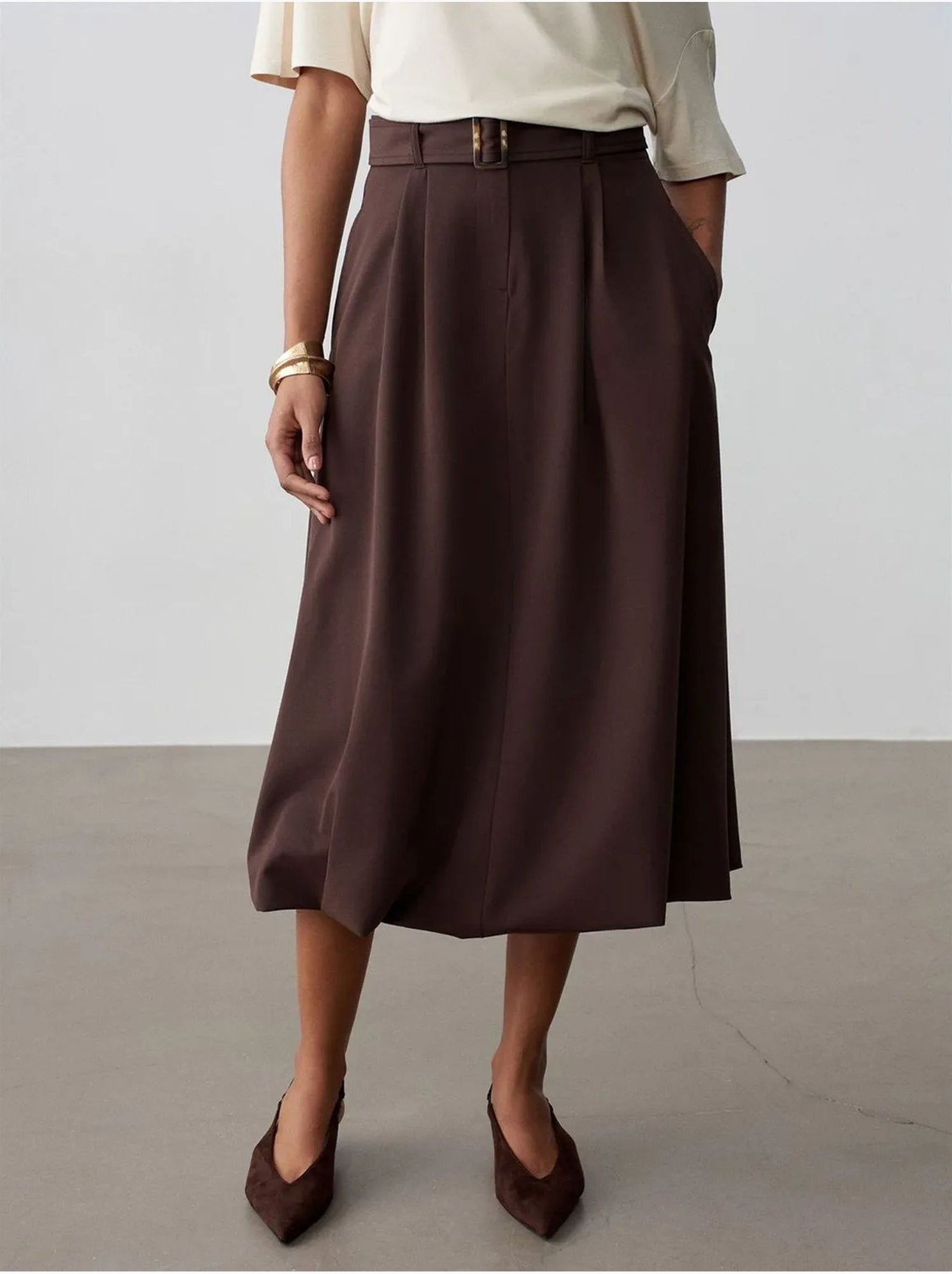 DILVIN Jupe Midi Ballon Taille Haute Avec Ceinture - Marron chocolat
