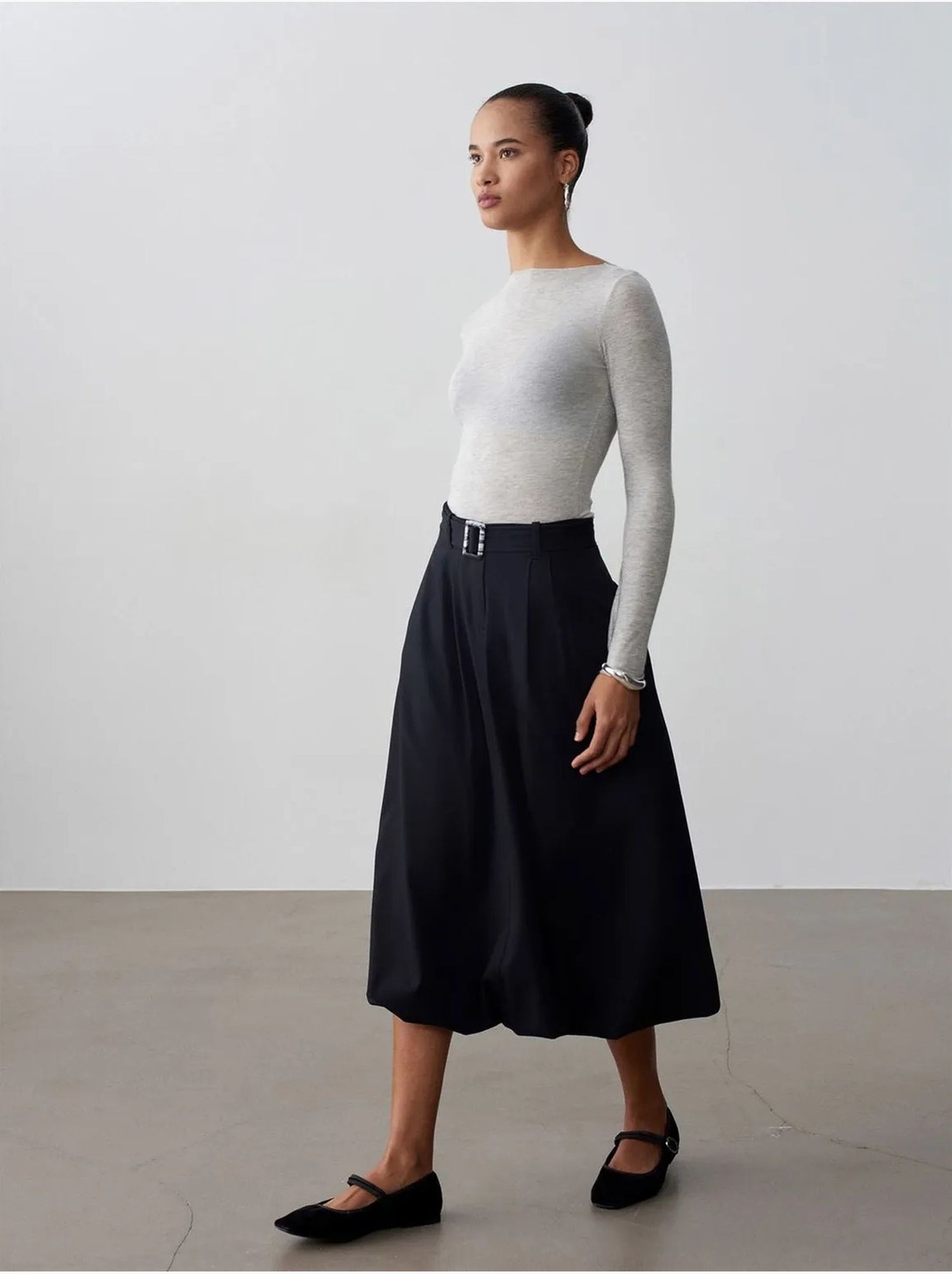DILVIN Jupe Midi Ballon Taille Haute Avec Ceinture - Noir