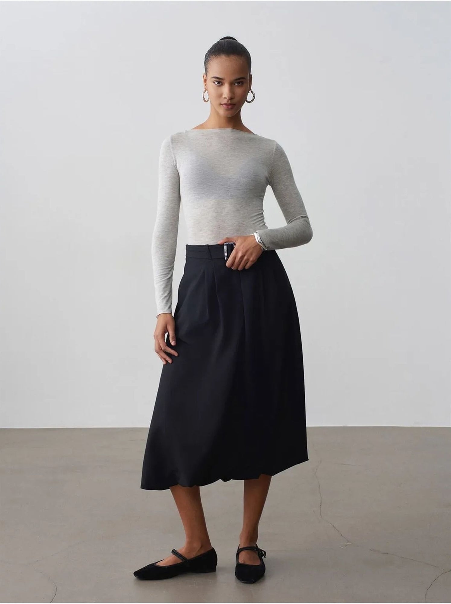 DILVIN Jupe Midi Ballon Taille Haute Avec Ceinture - Noir