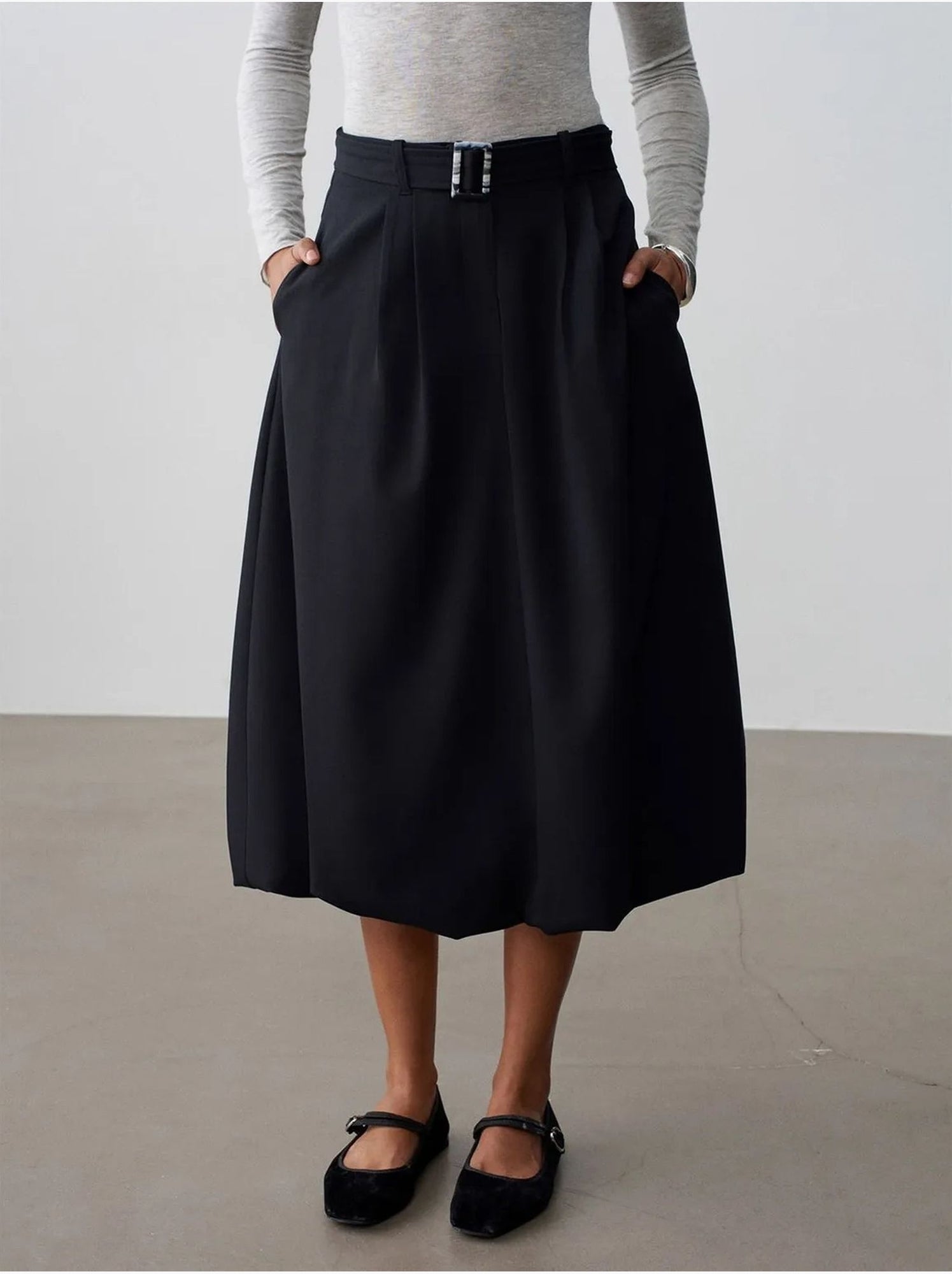 DILVIN Jupe Midi Ballon Taille Haute Avec Ceinture - Noir