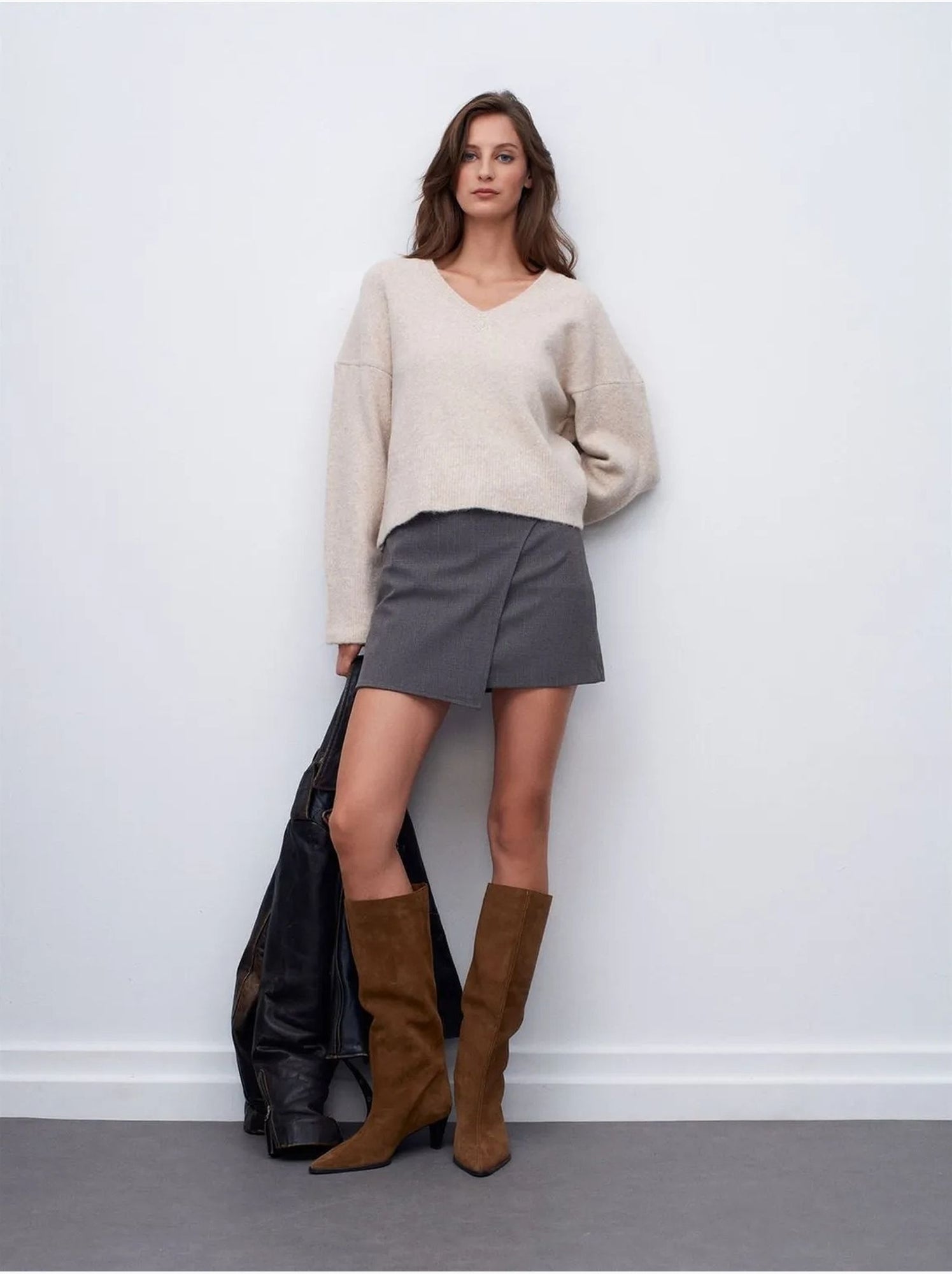 DILVIN Pull Femme En Maille Côtelée À Col V - Beige