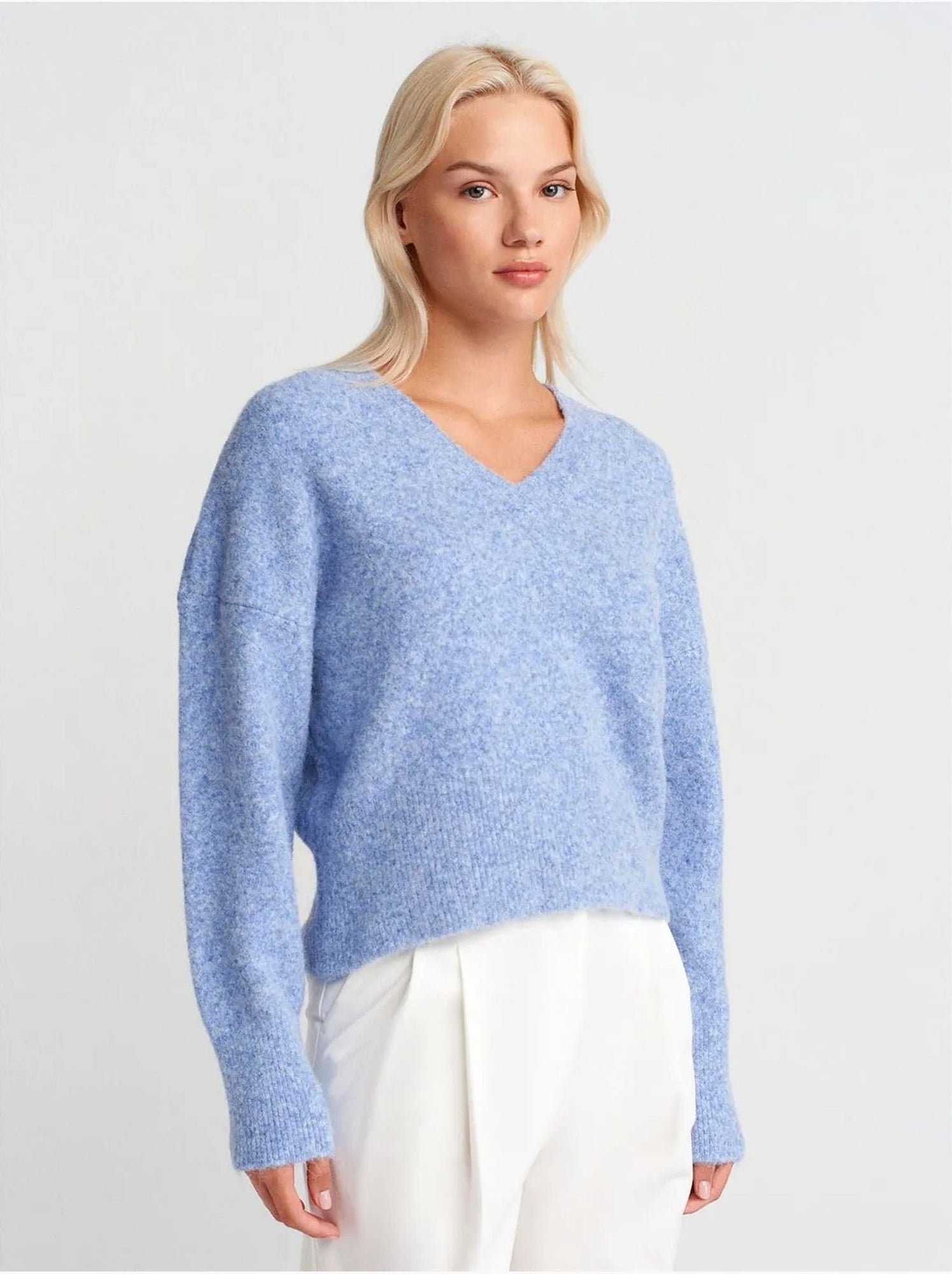 DILVIN Pull Femme En Maille Côtelée À Col V - Bleu ciel