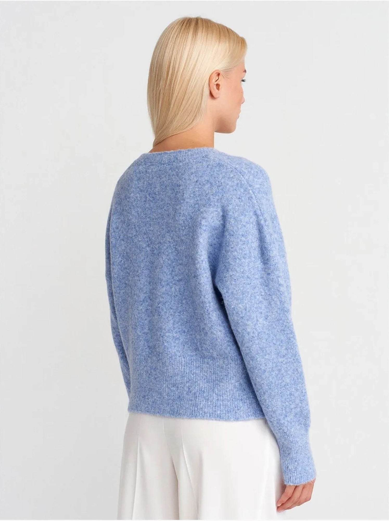 DILVIN Pull Femme En Maille Côtelée À Col V - Bleu ciel