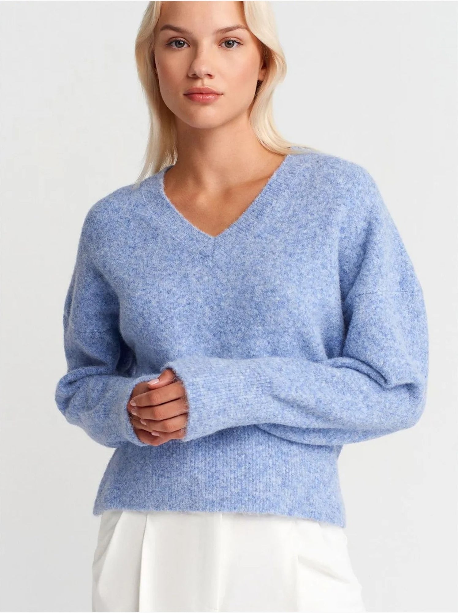 DILVIN Pull Femme En Maille Côtelée À Col V - Bleu ciel