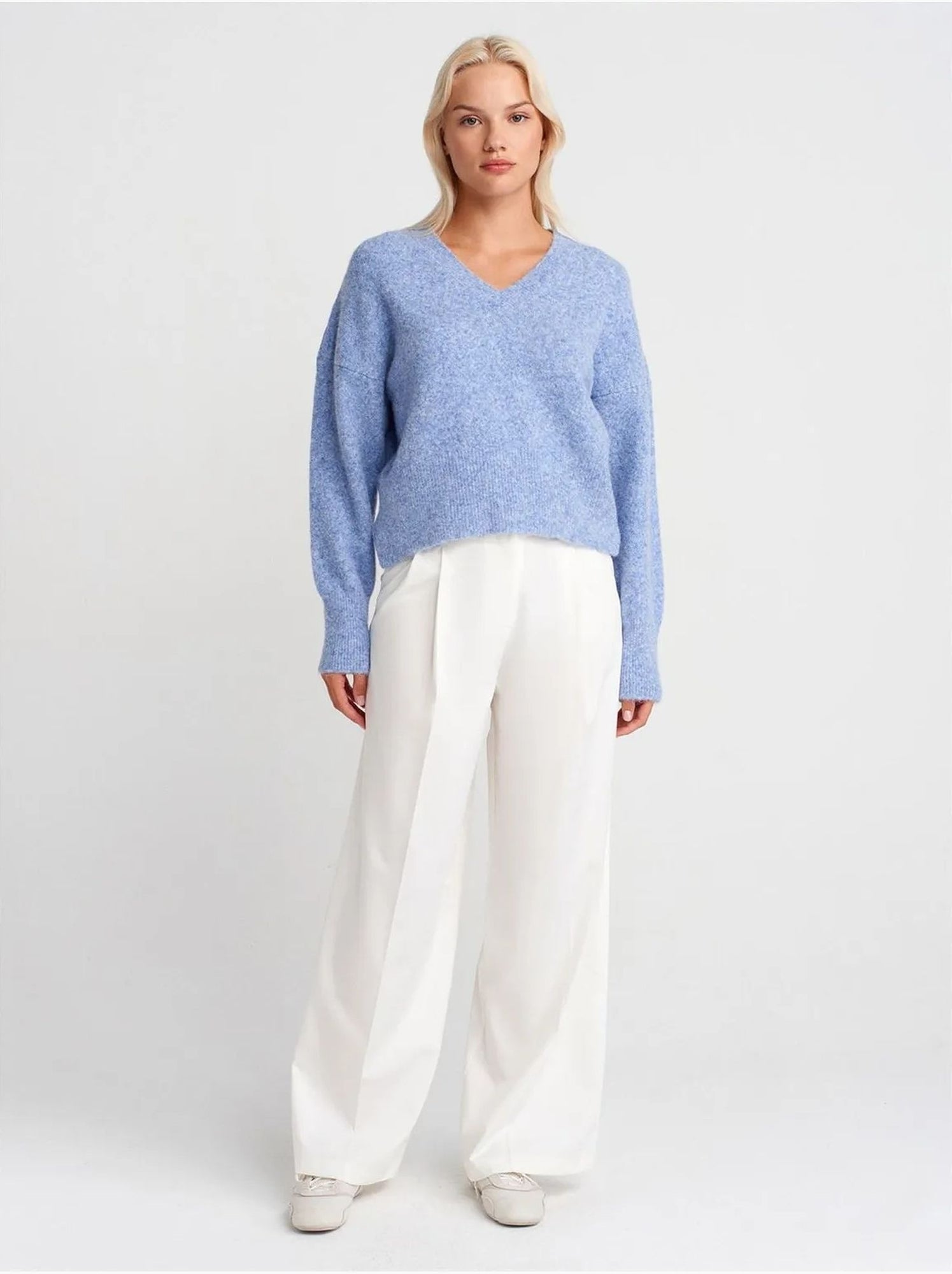 DILVIN Pull Femme En Maille Côtelée À Col V - Bleu ciel