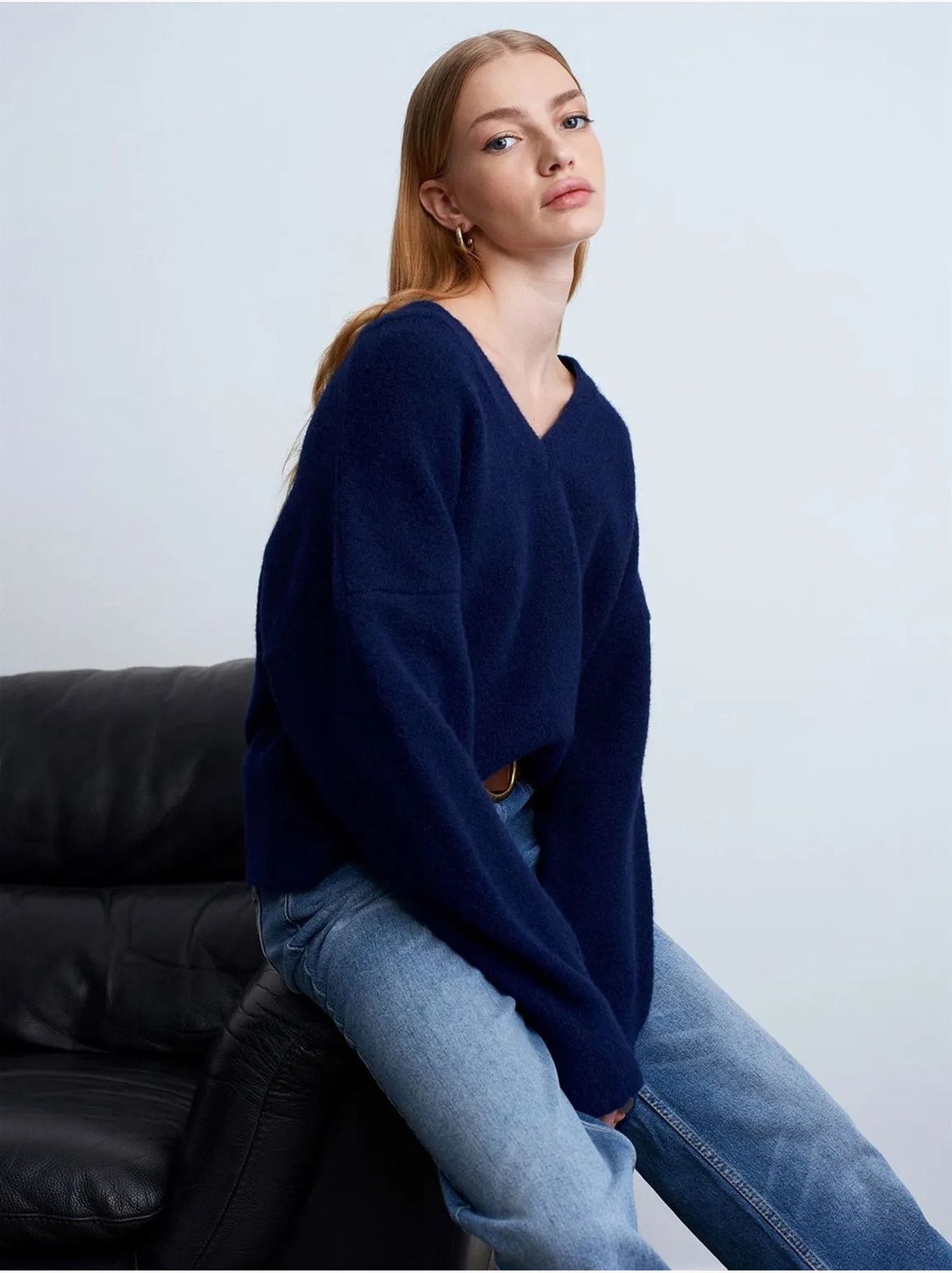 DILVIN Pull Femme En Maille Côtelée À Col V - Bleu marine