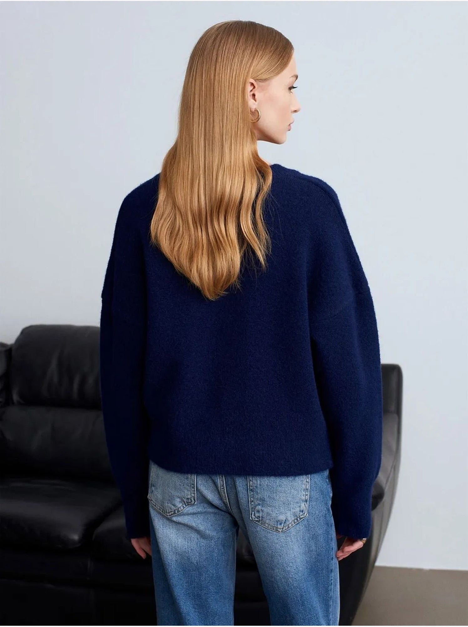 DILVIN Pull Femme En Maille Côtelée À Col V - Bleu marine