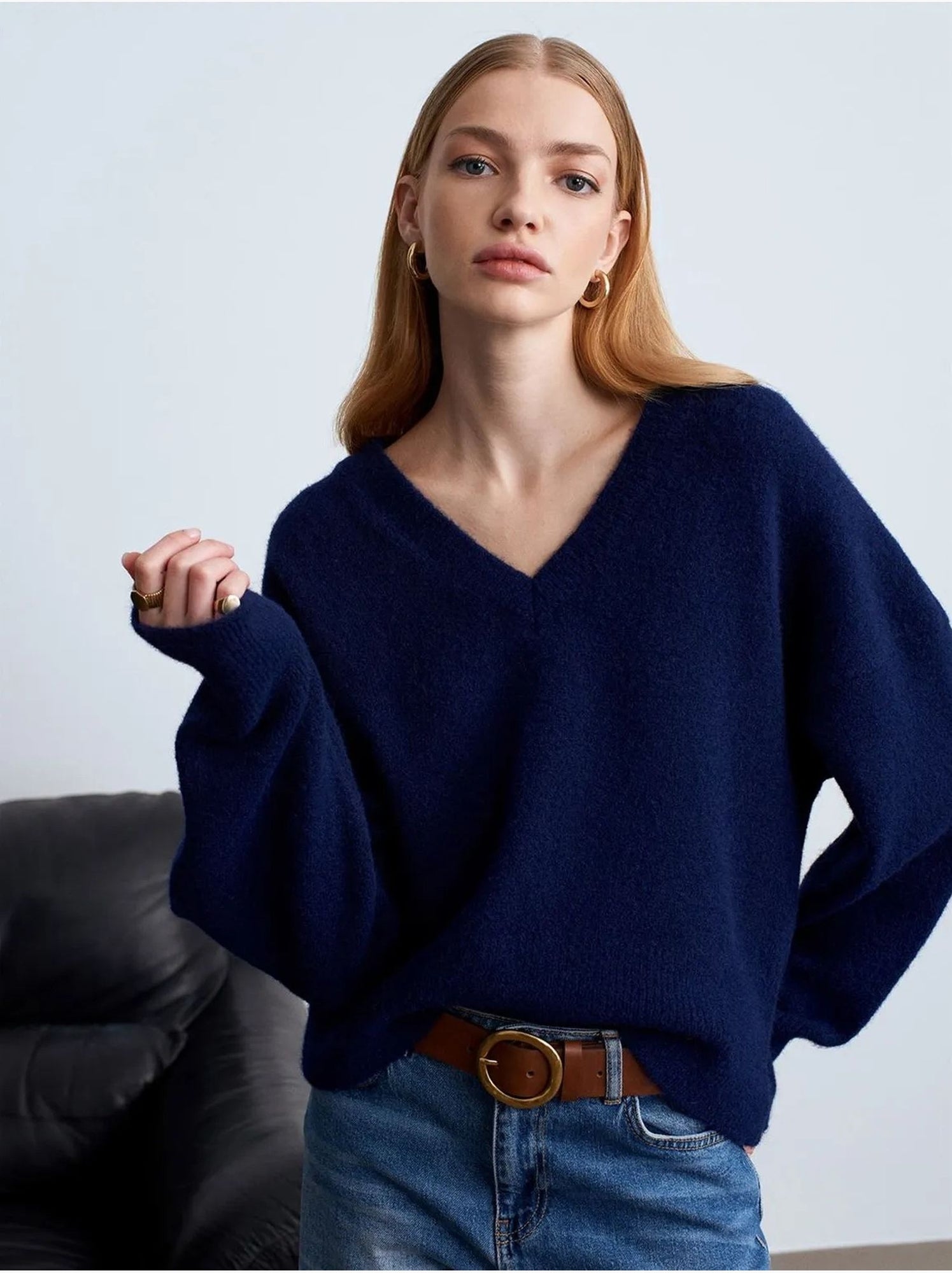 DILVIN Pull Femme En Maille Côtelée À Col V - Bleu marine