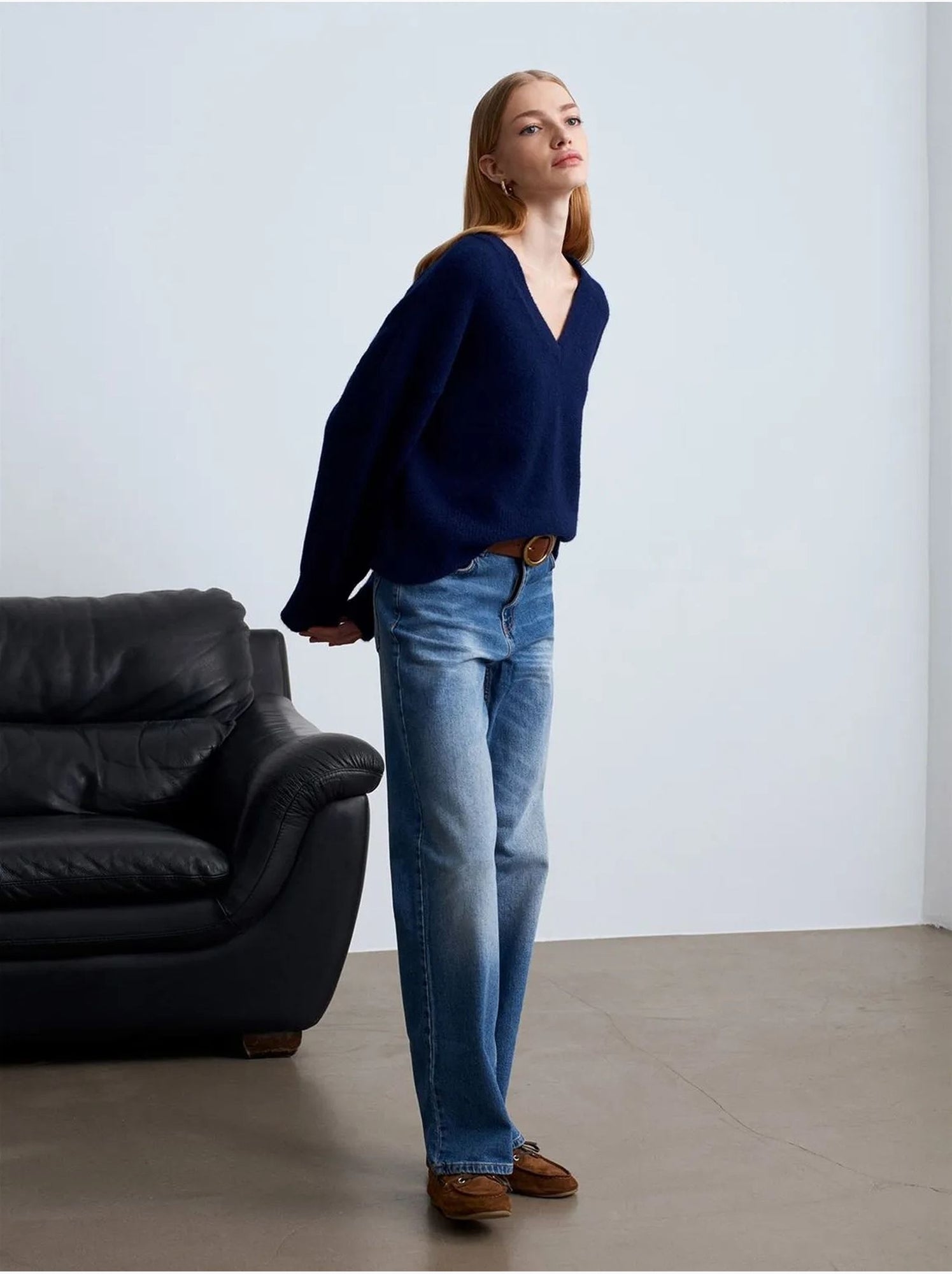 DILVIN Pull Femme En Maille Côtelée À Col V - Bleu marine