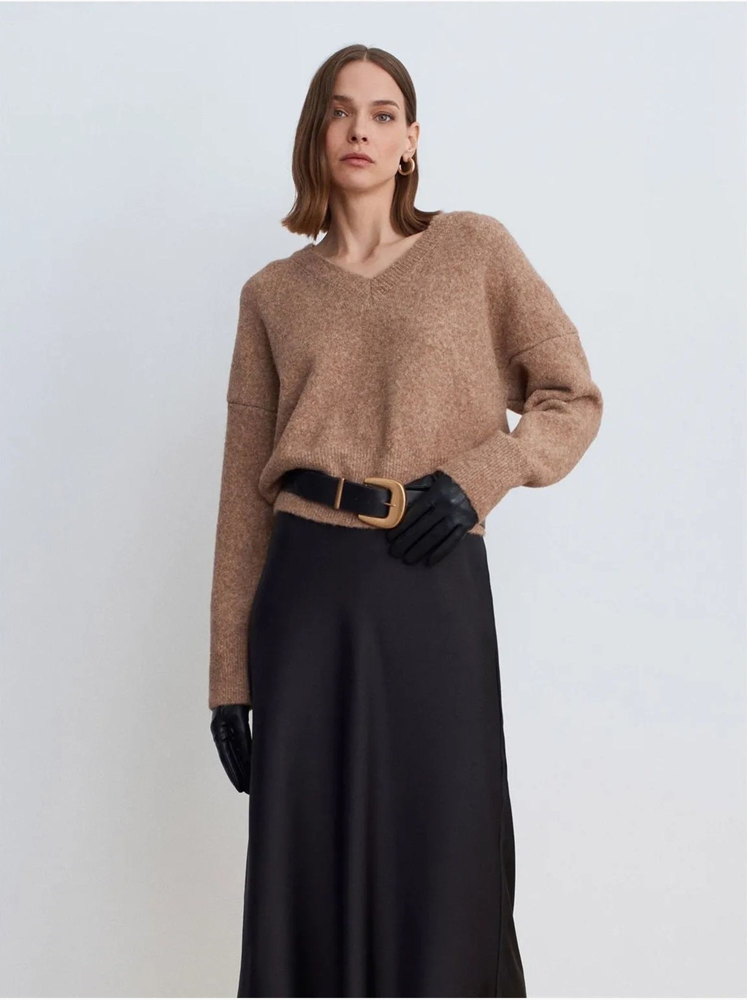 DILVIN Pull Femme En Maille Côtelée À Col V - Camel