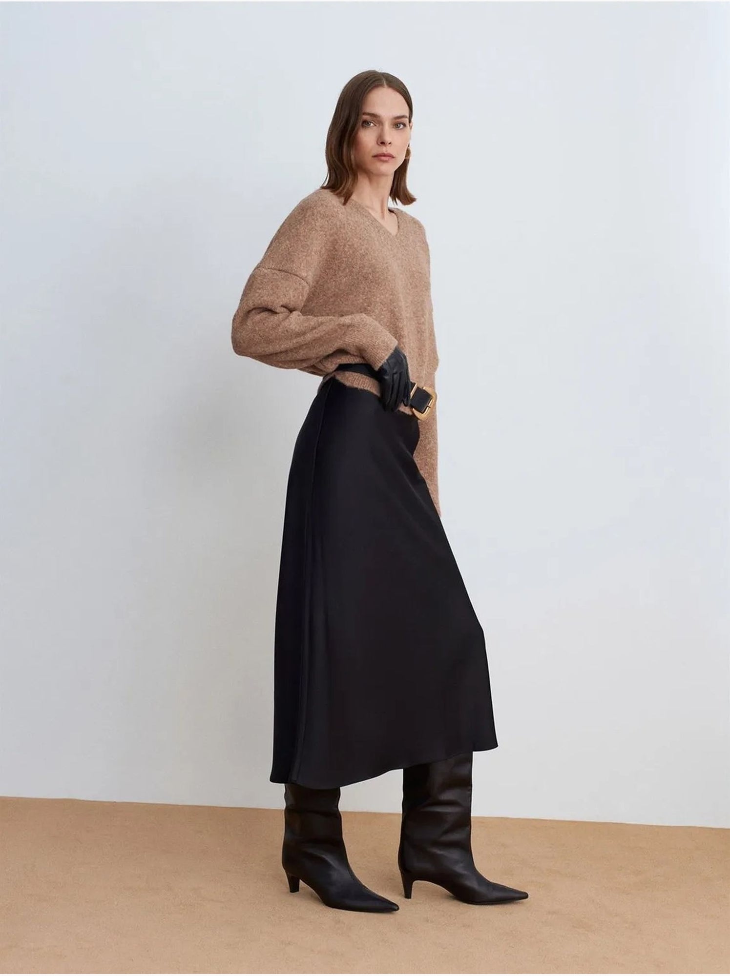 DILVIN Pull Femme En Maille Côtelée À Col V - Camel