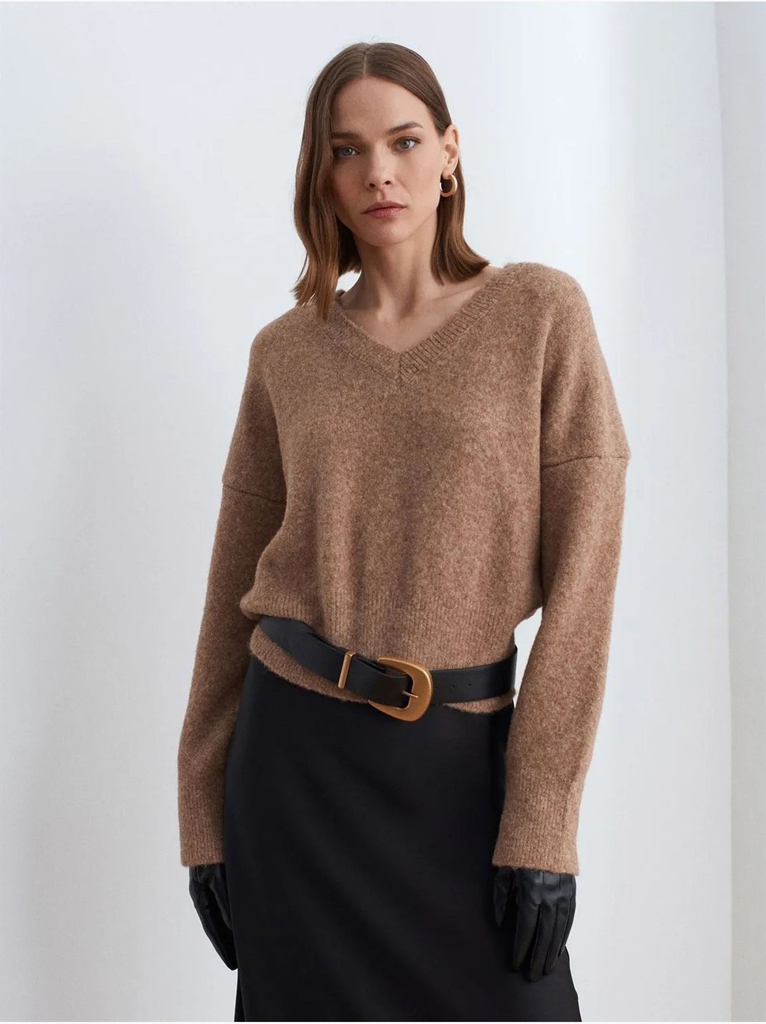 DILVIN Pull Femme En Maille Côtelée À Col V - Camel