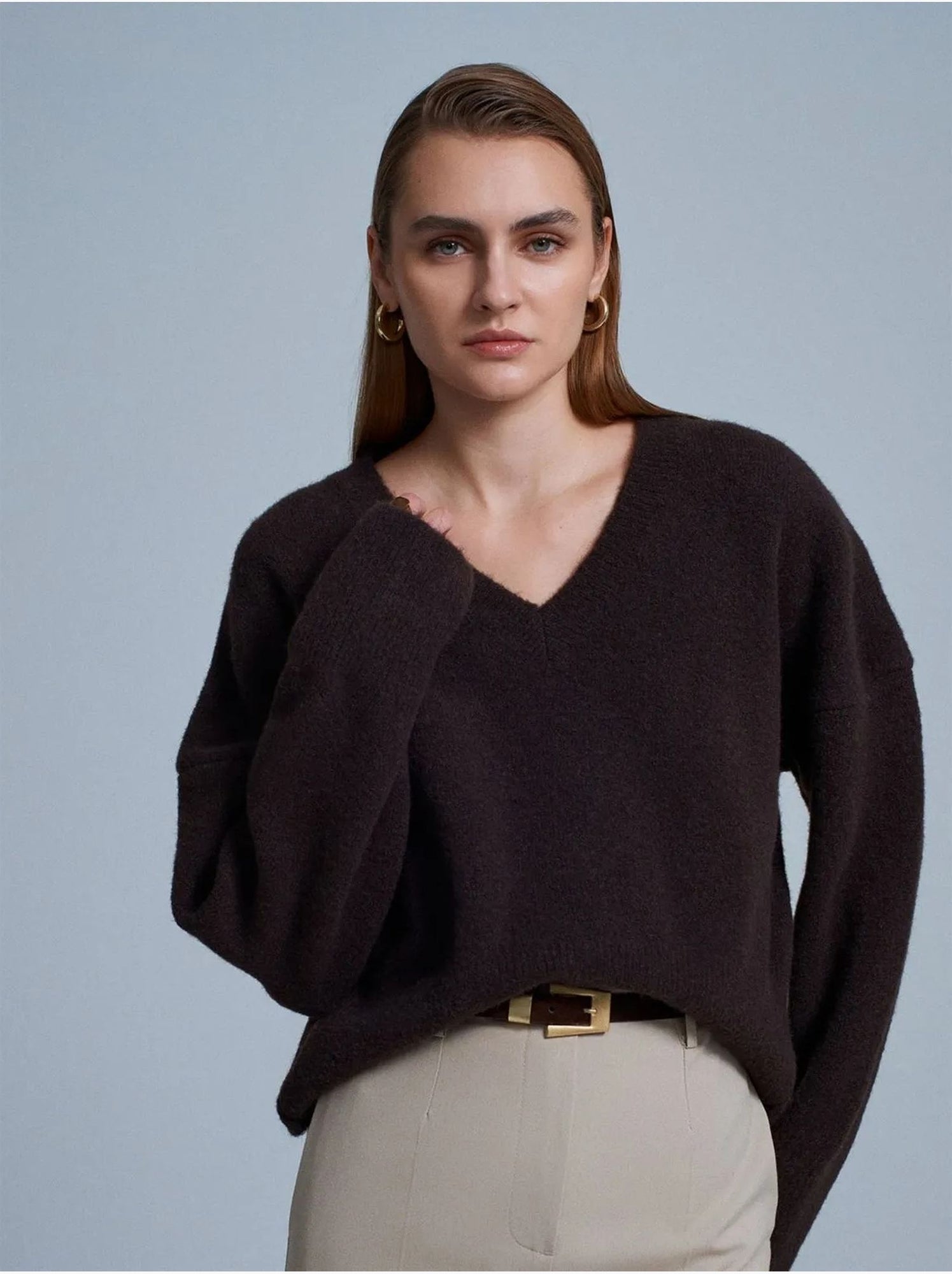 DILVIN Pull Femme En Maille Côtelée À Col V - Marron