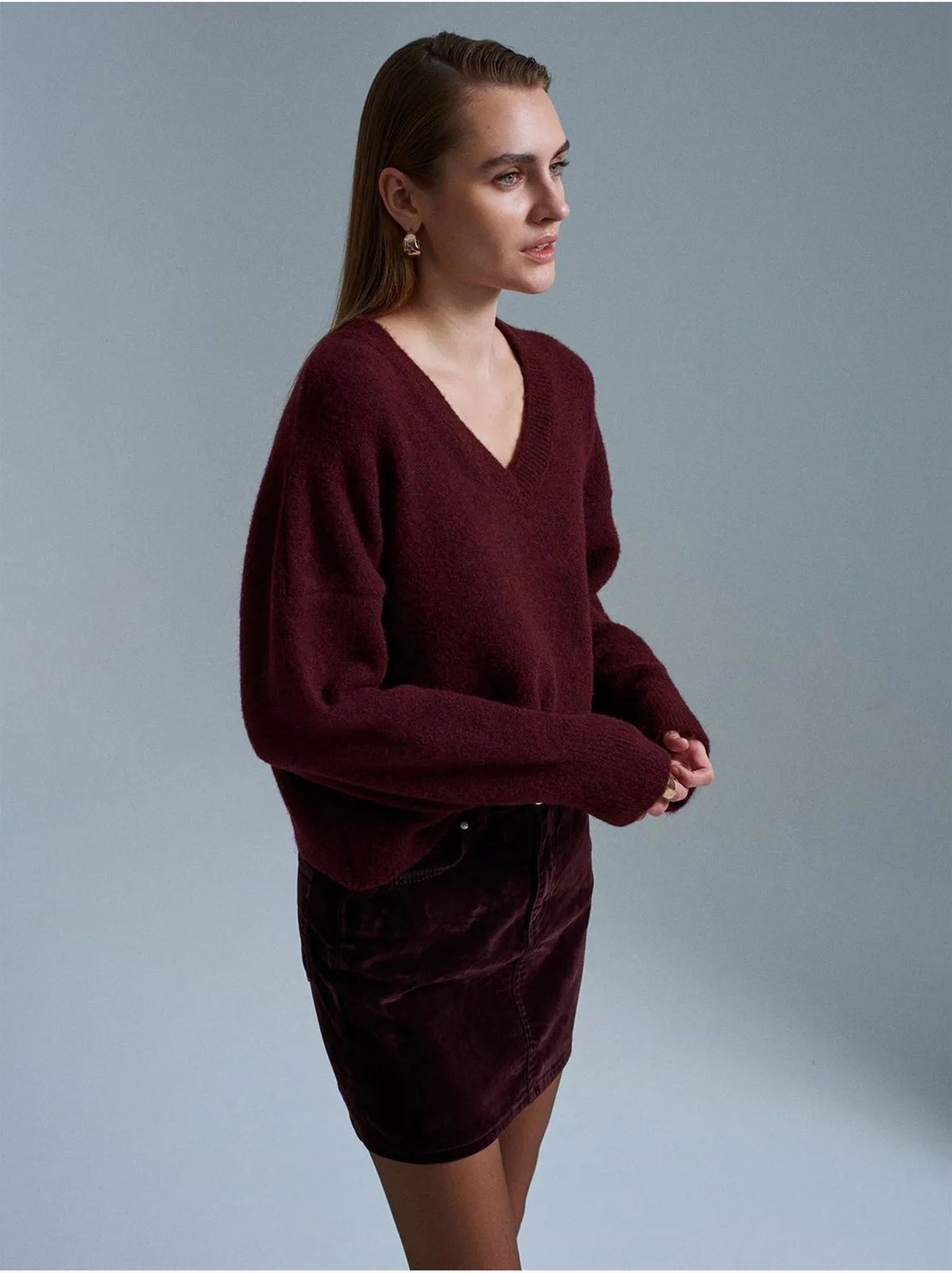 DILVIN Pull Femme En Maille Côtelée À Col V - Rouge bordeaux