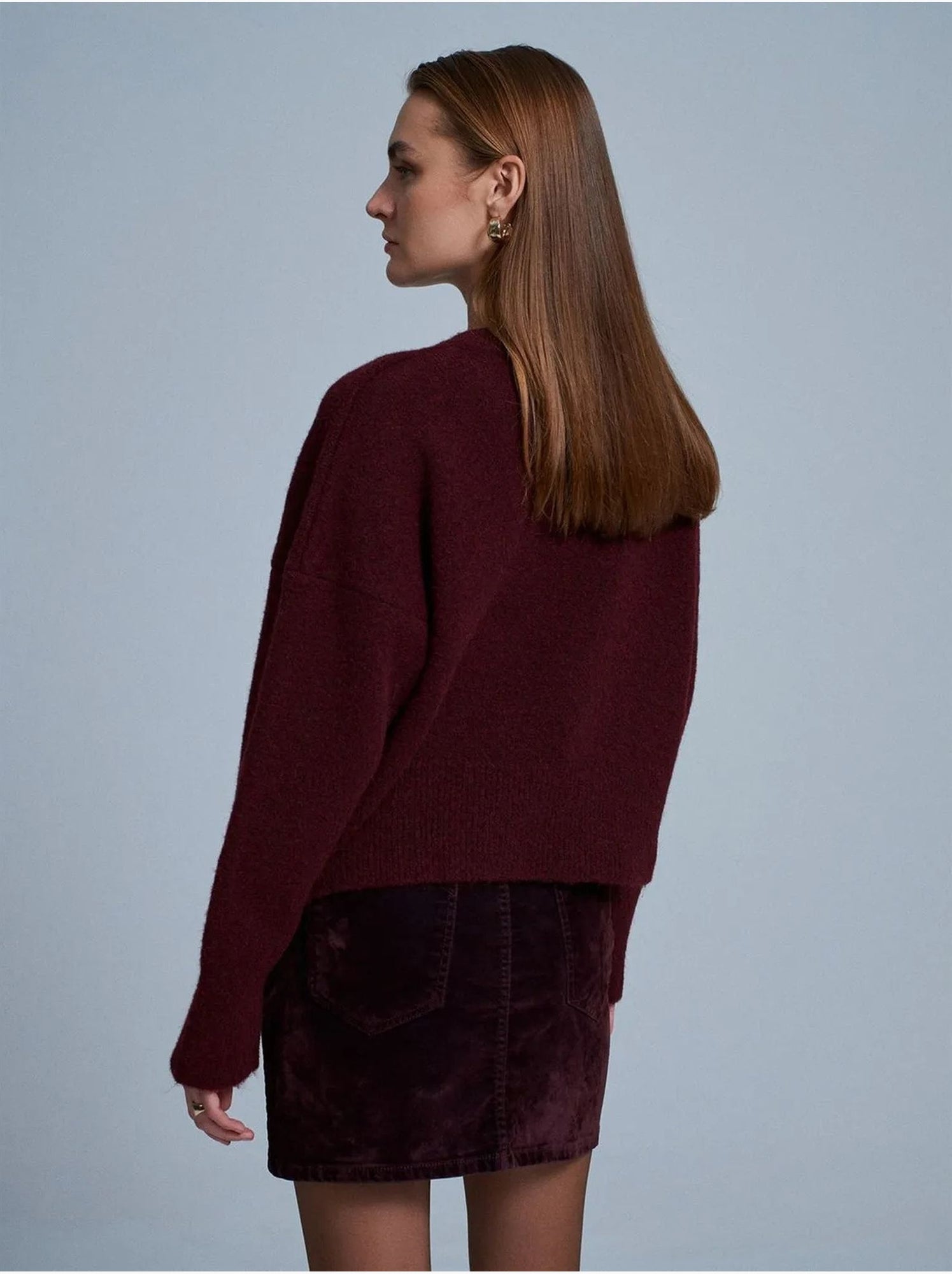 DILVIN Pull Femme En Maille Côtelée À Col V - Rouge bordeaux