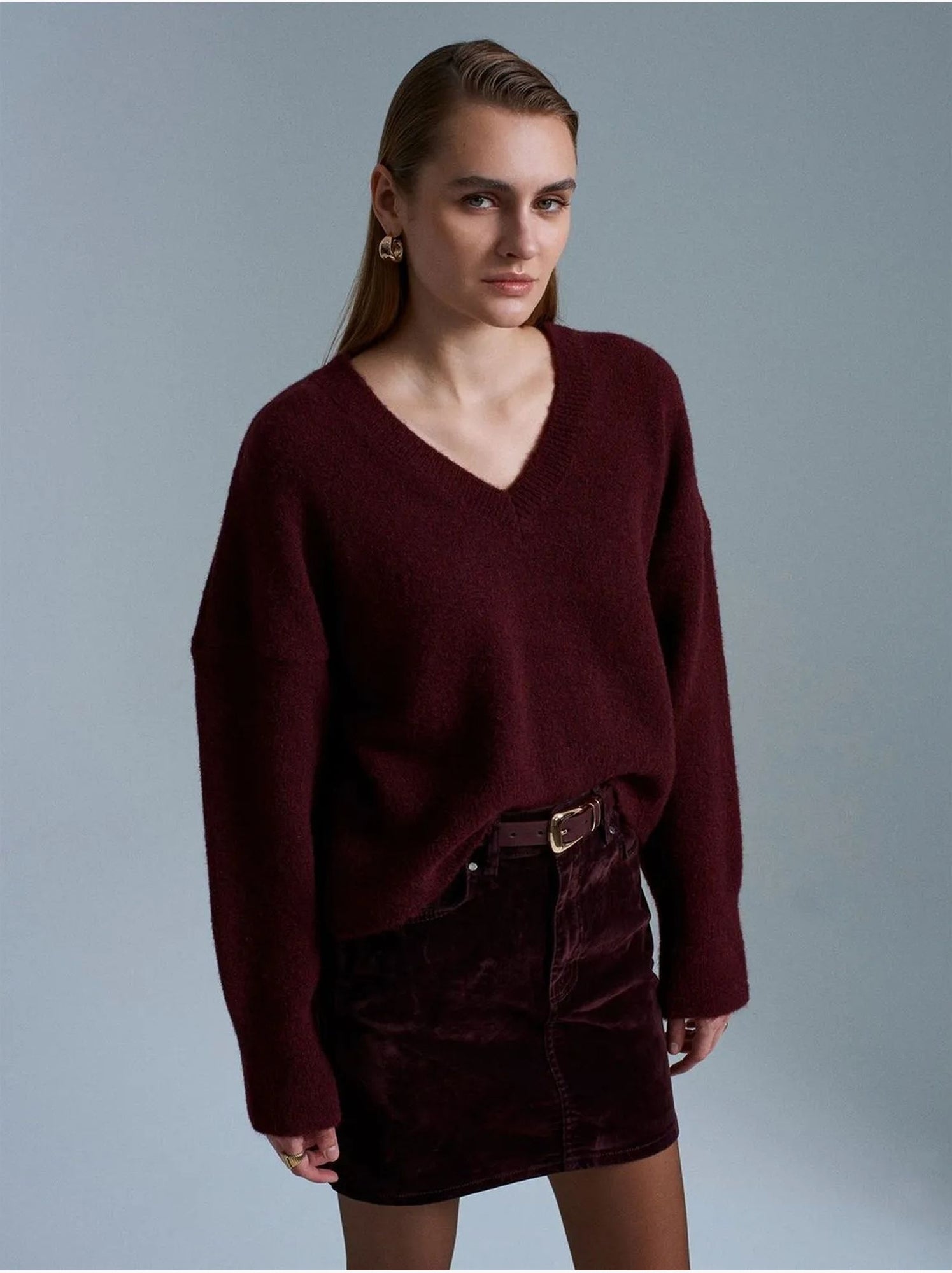 DILVIN Pull Femme En Maille Côtelée À Col V - Rouge bordeaux