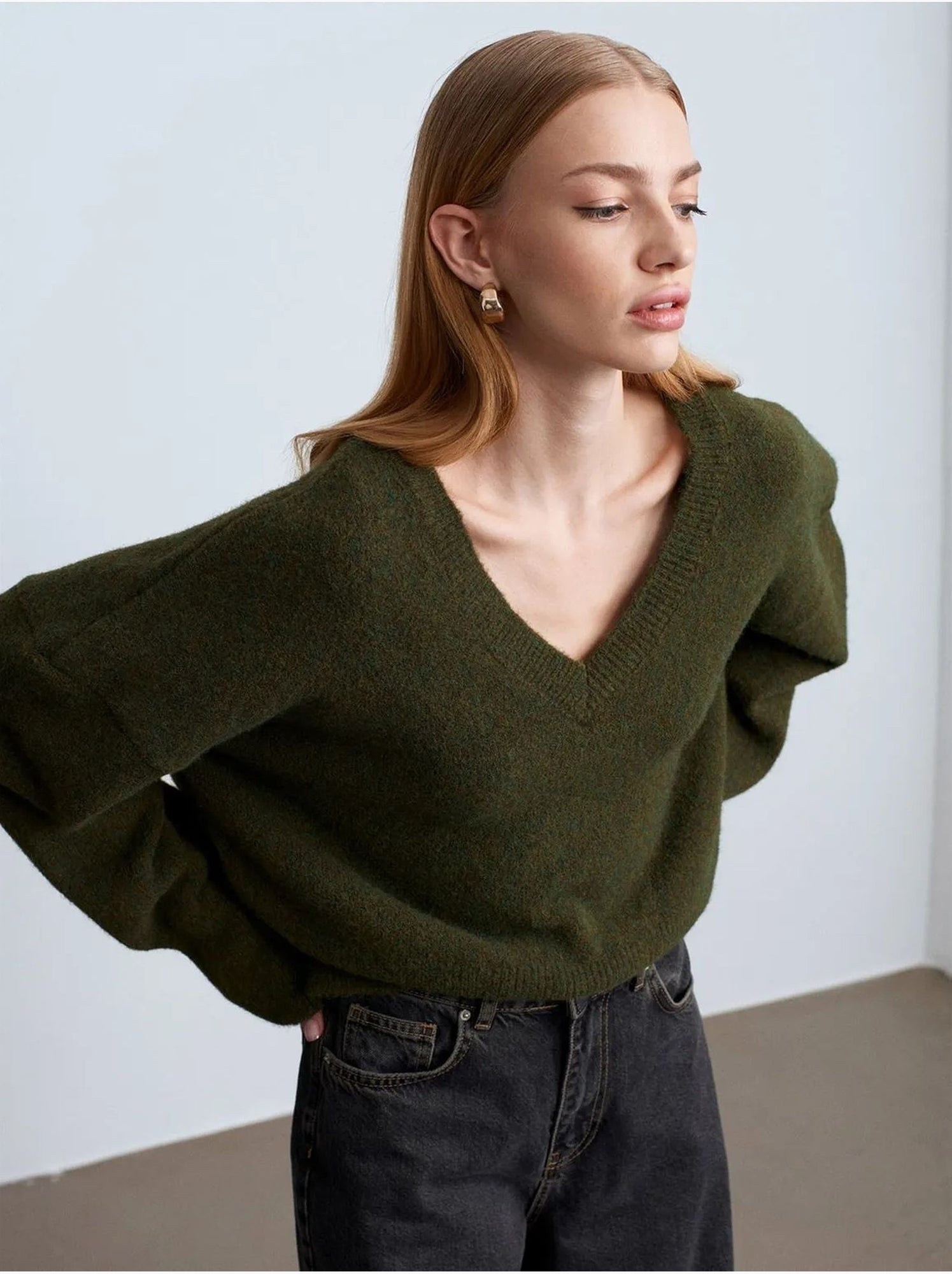DILVIN Pull Femme En Maille Côtelée À Col V - Vert foncé