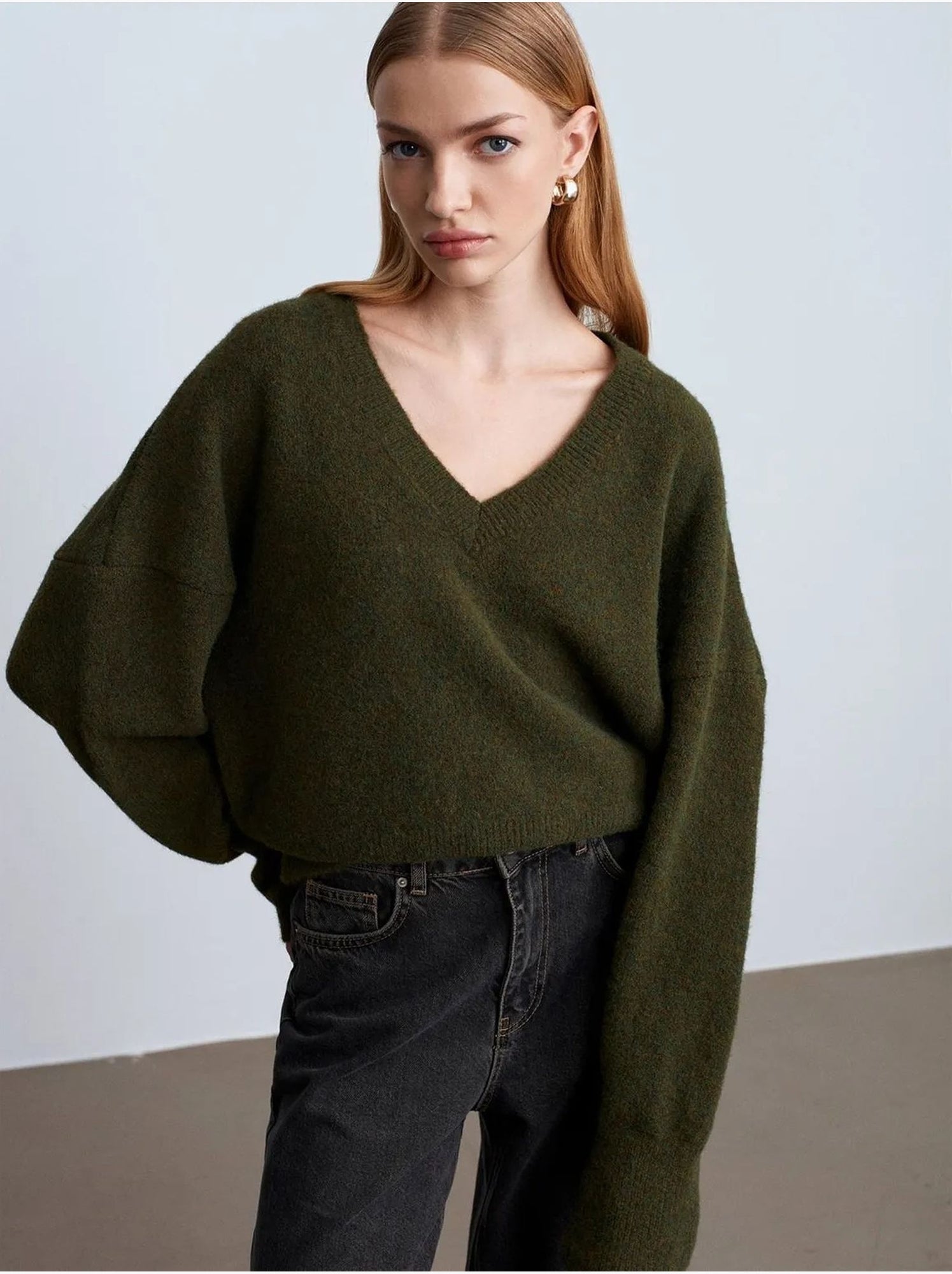 DILVIN Pull Femme En Maille Côtelée À Col V - Vert foncé