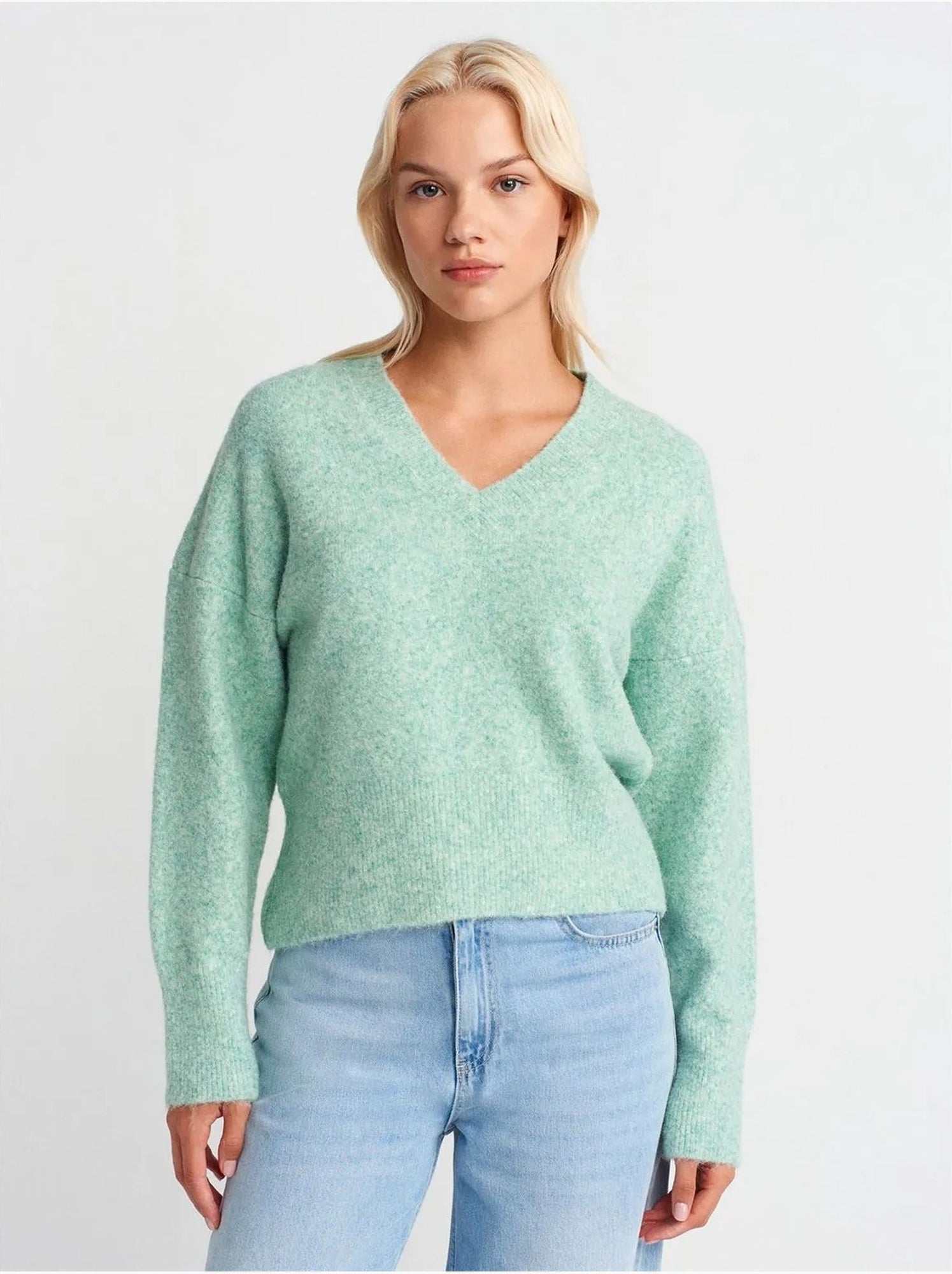 DILVIN Pull Femme En Maille Côtelée À Col V - Vert menthe