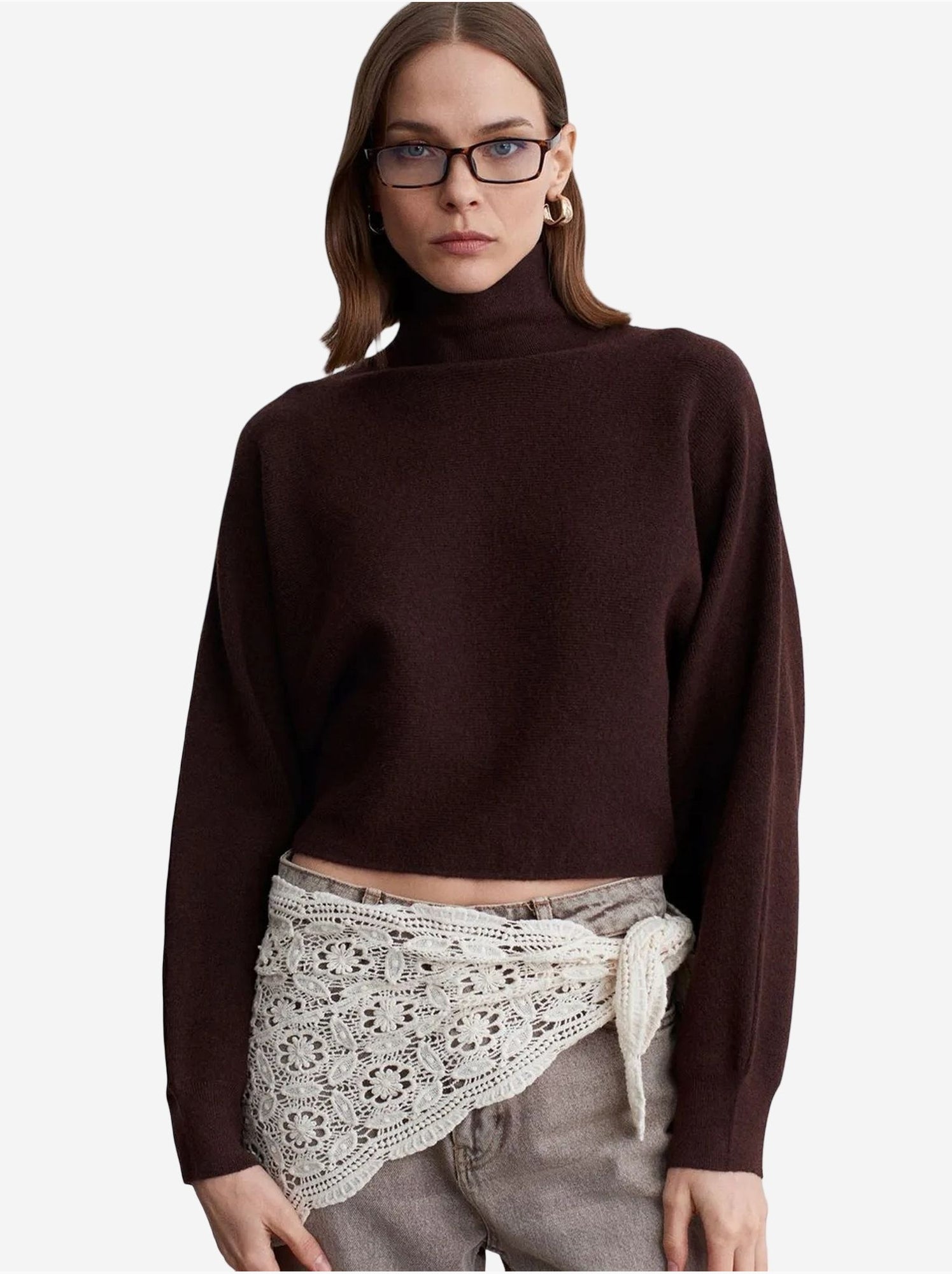 DILVIN Pull Femme Oversize Court À Col Roulé - Marron chocolat