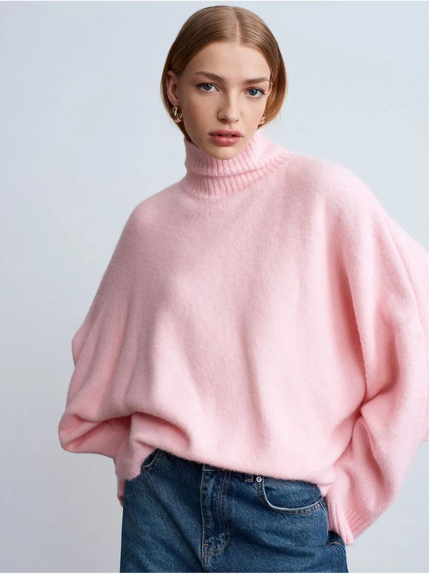 DILVIN Pull Oversize À Col Roulé Côtelé - Rose clair