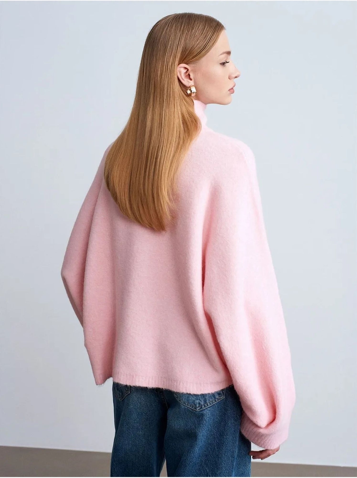 DILVIN Pull Oversize À Col Roulé Côtelé - Rose clair