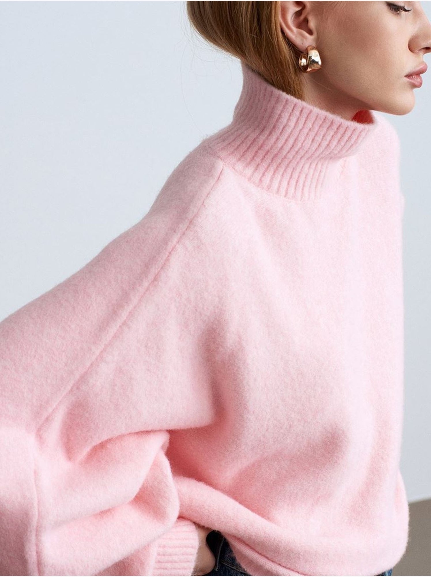 DILVIN Pull Oversize À Col Roulé Côtelé - Rose clair