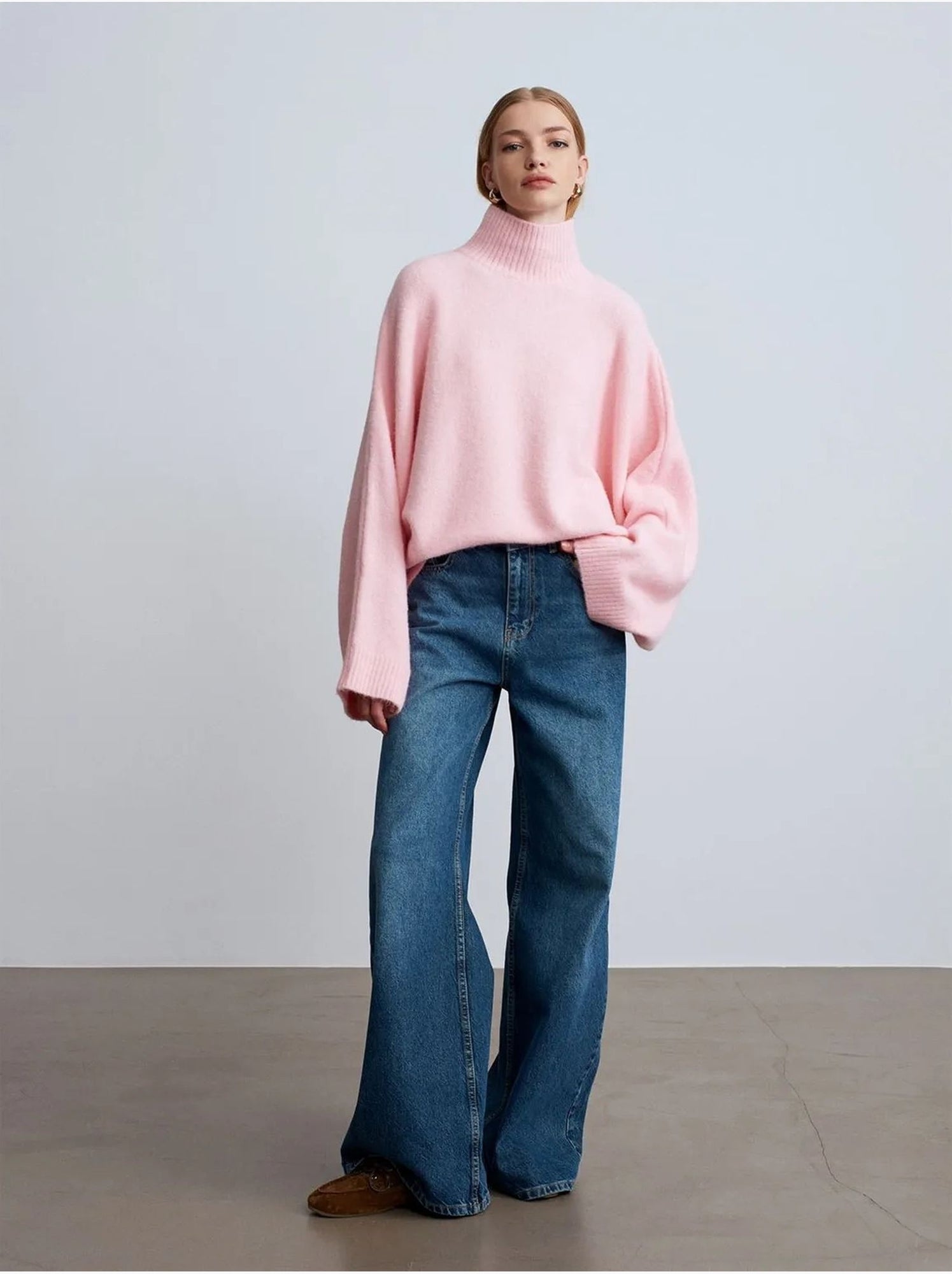 DILVIN Pull Oversize À Col Roulé Côtelé - Rose clair