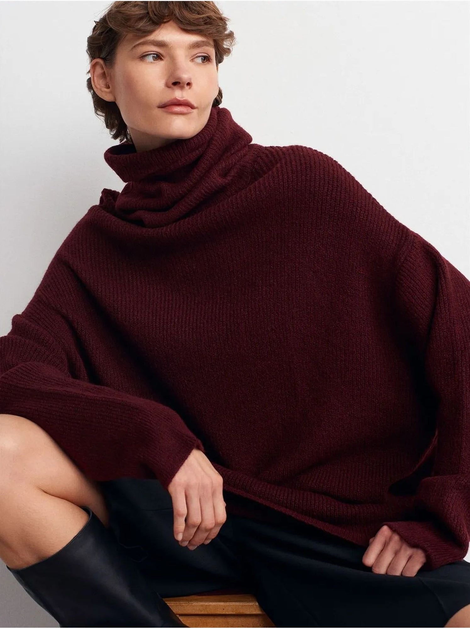 DILVIN Pull Oversize À Col Roulé Côtelé - Rouge bordeaux