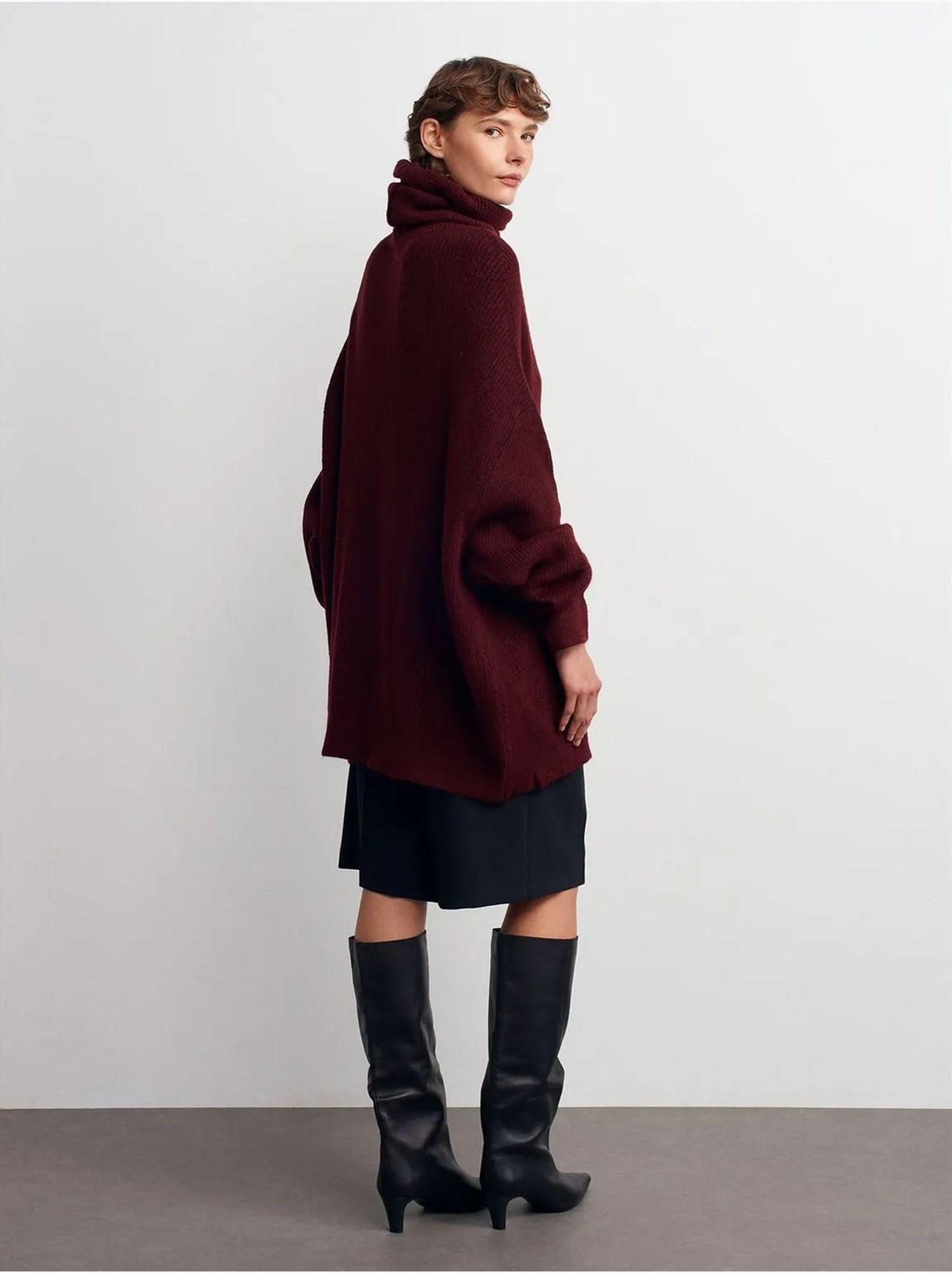 DILVIN Pull Oversize À Col Roulé Côtelé - Rouge bordeaux