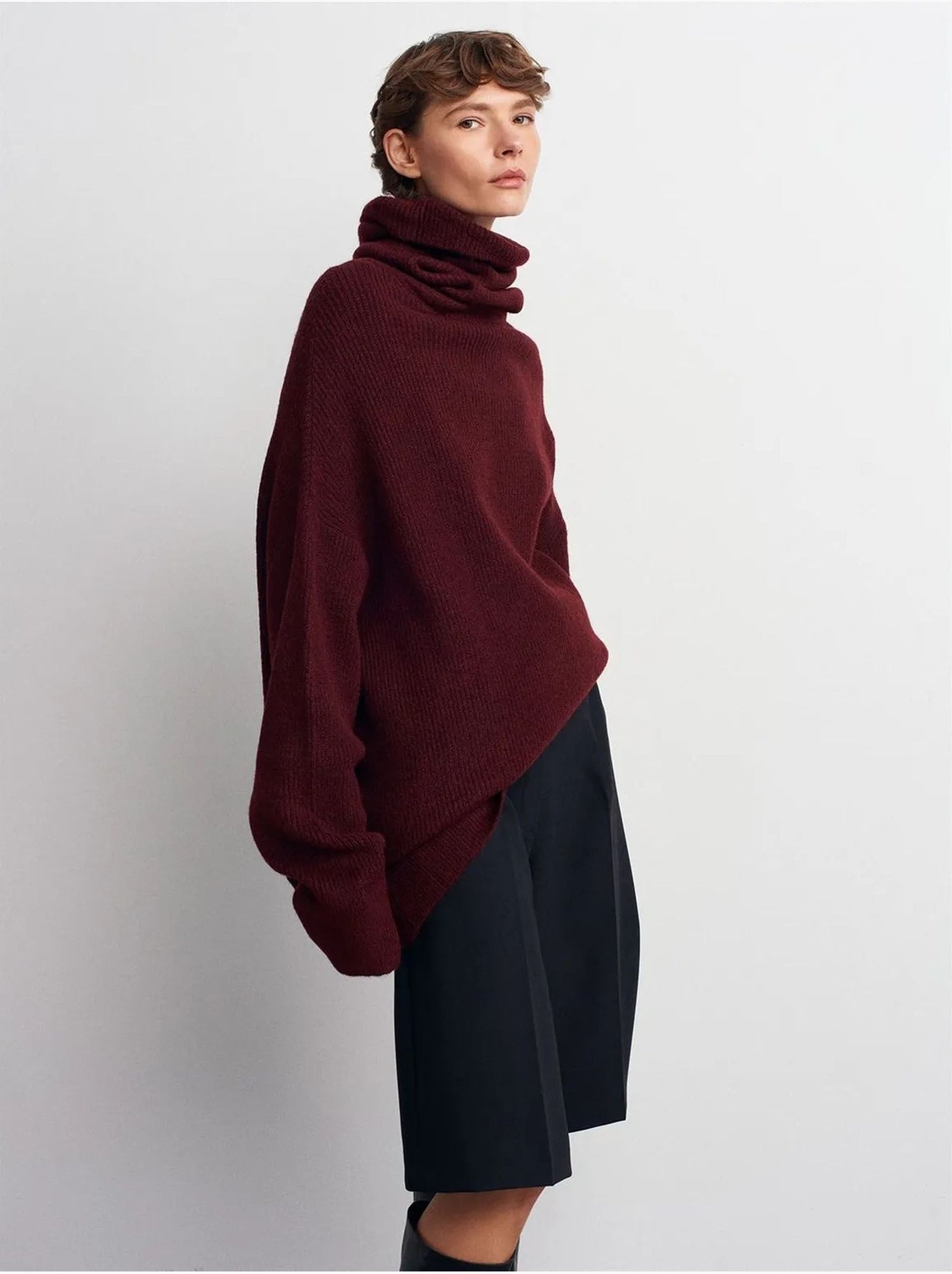 DILVIN Pull Oversize À Col Roulé Côtelé - Rouge bordeaux