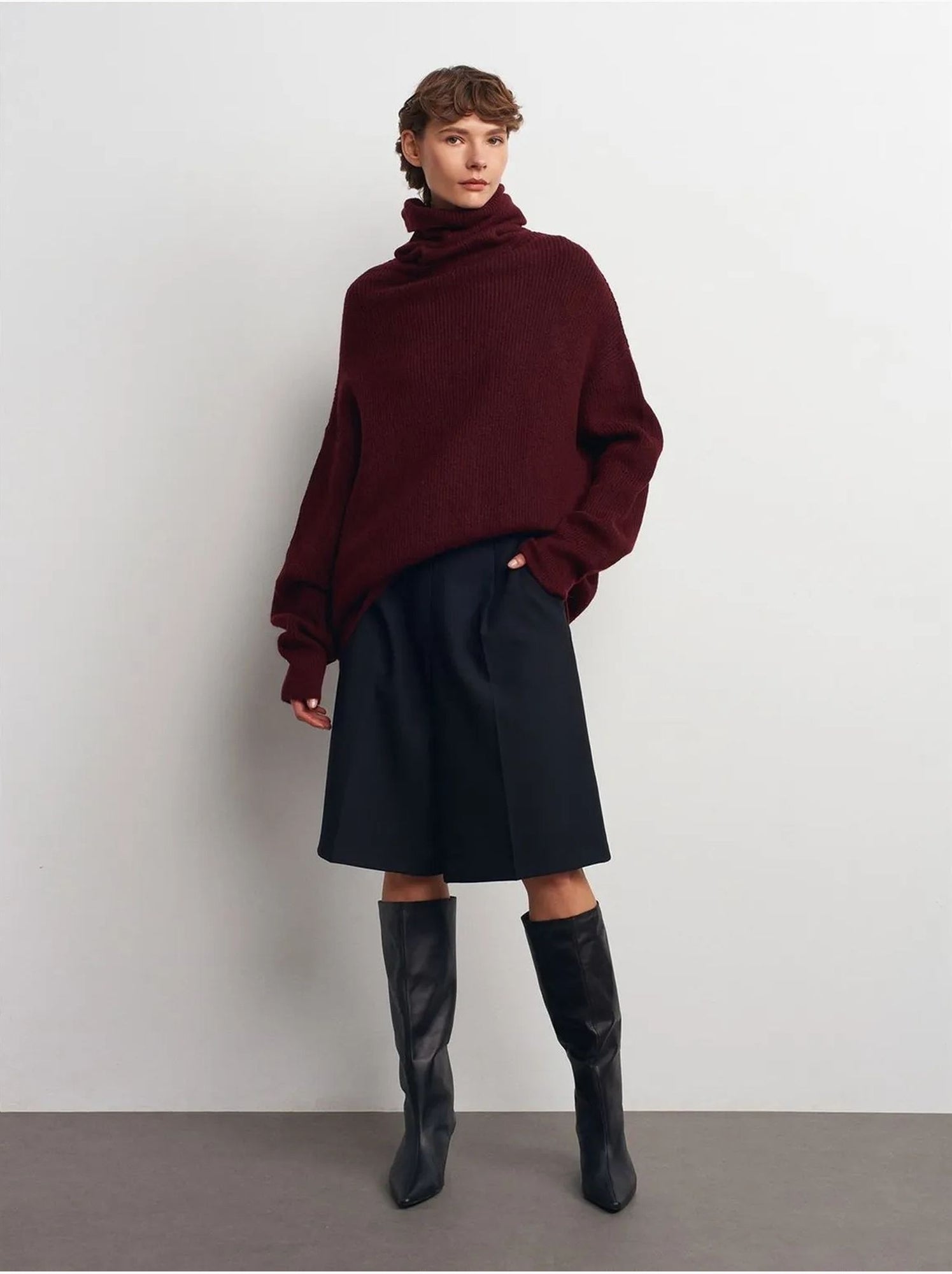 DILVIN Pull Oversize À Col Roulé Côtelé - Rouge bordeaux