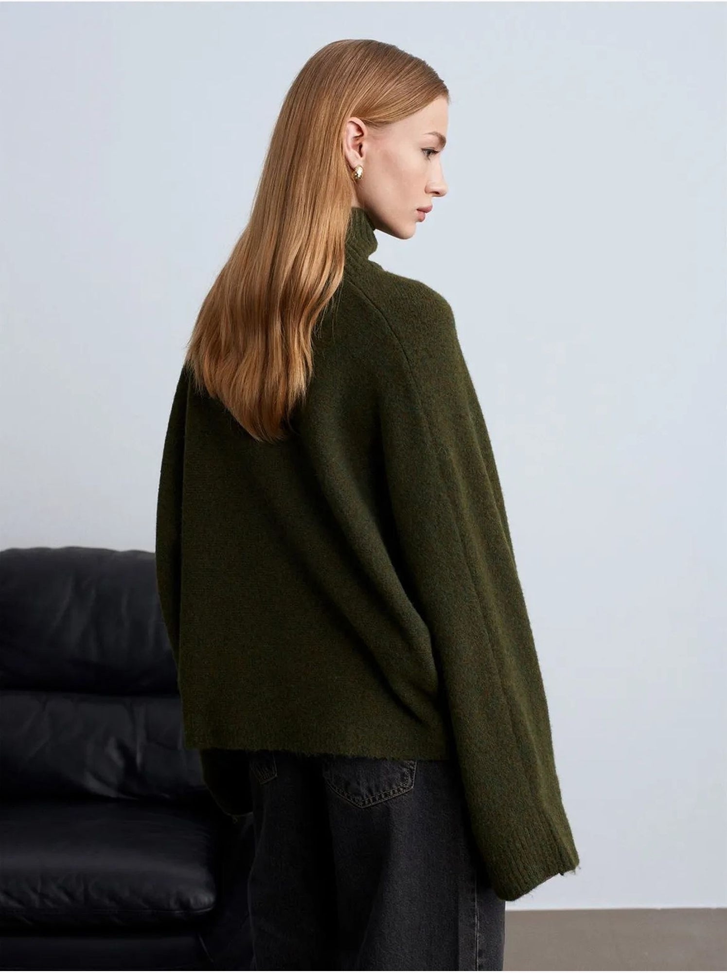 DILVIN Pull Oversize À Col Roulé Côtelé - Vert foncé