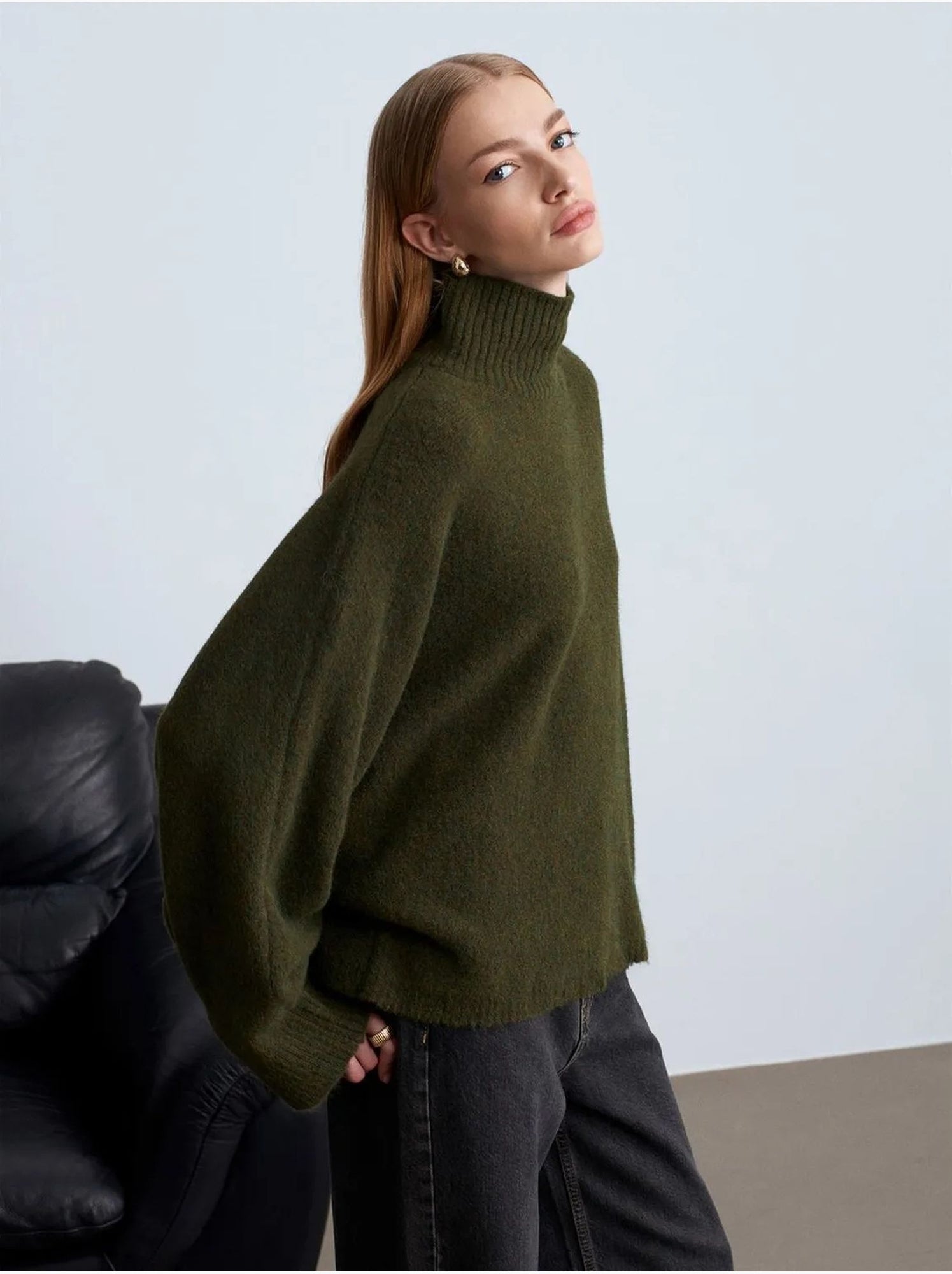 DILVIN Pull Oversize À Col Roulé Côtelé - Vert foncé