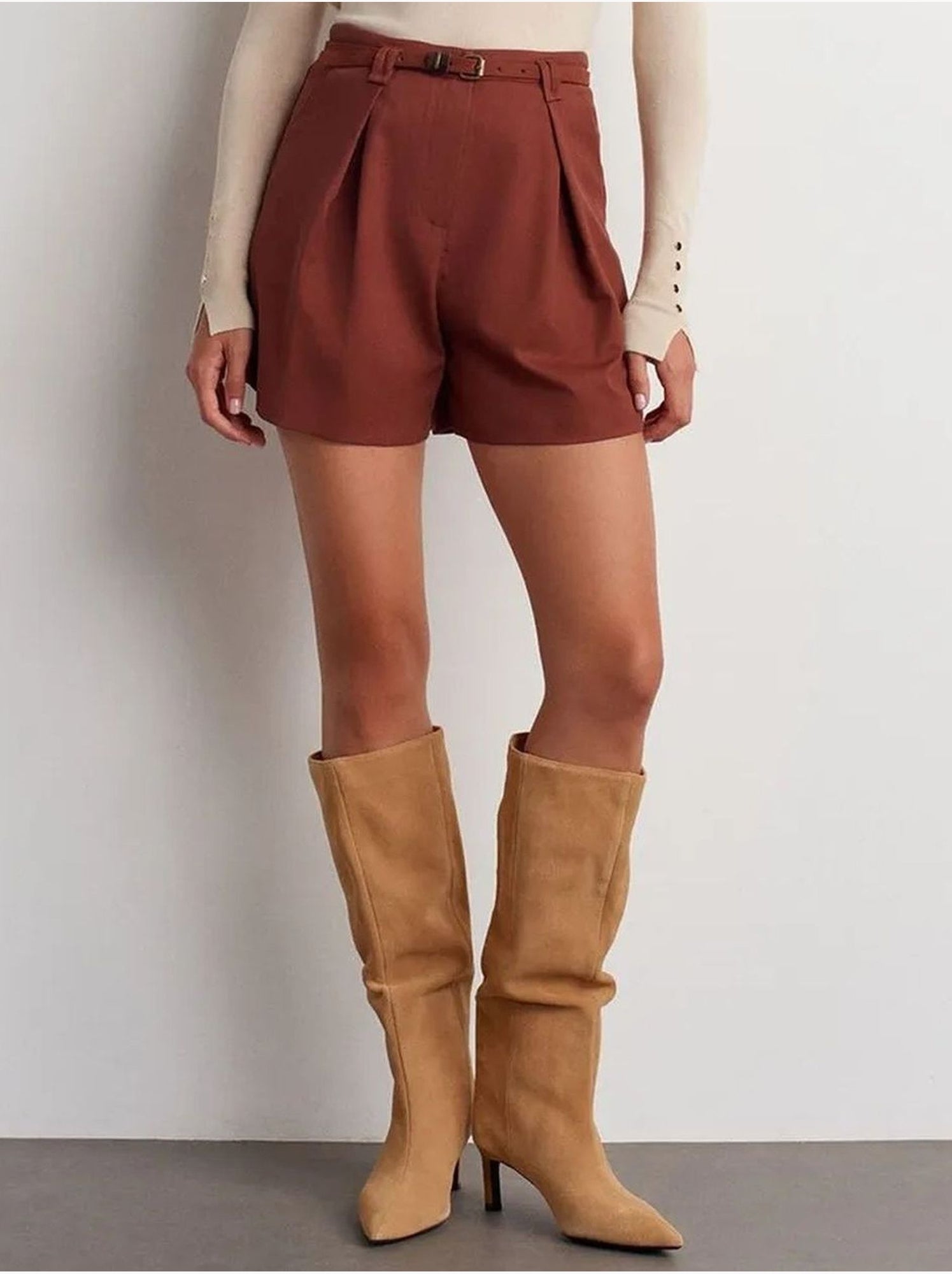 Dilvin short tailleur taille haute avec ceinture - Terracotta