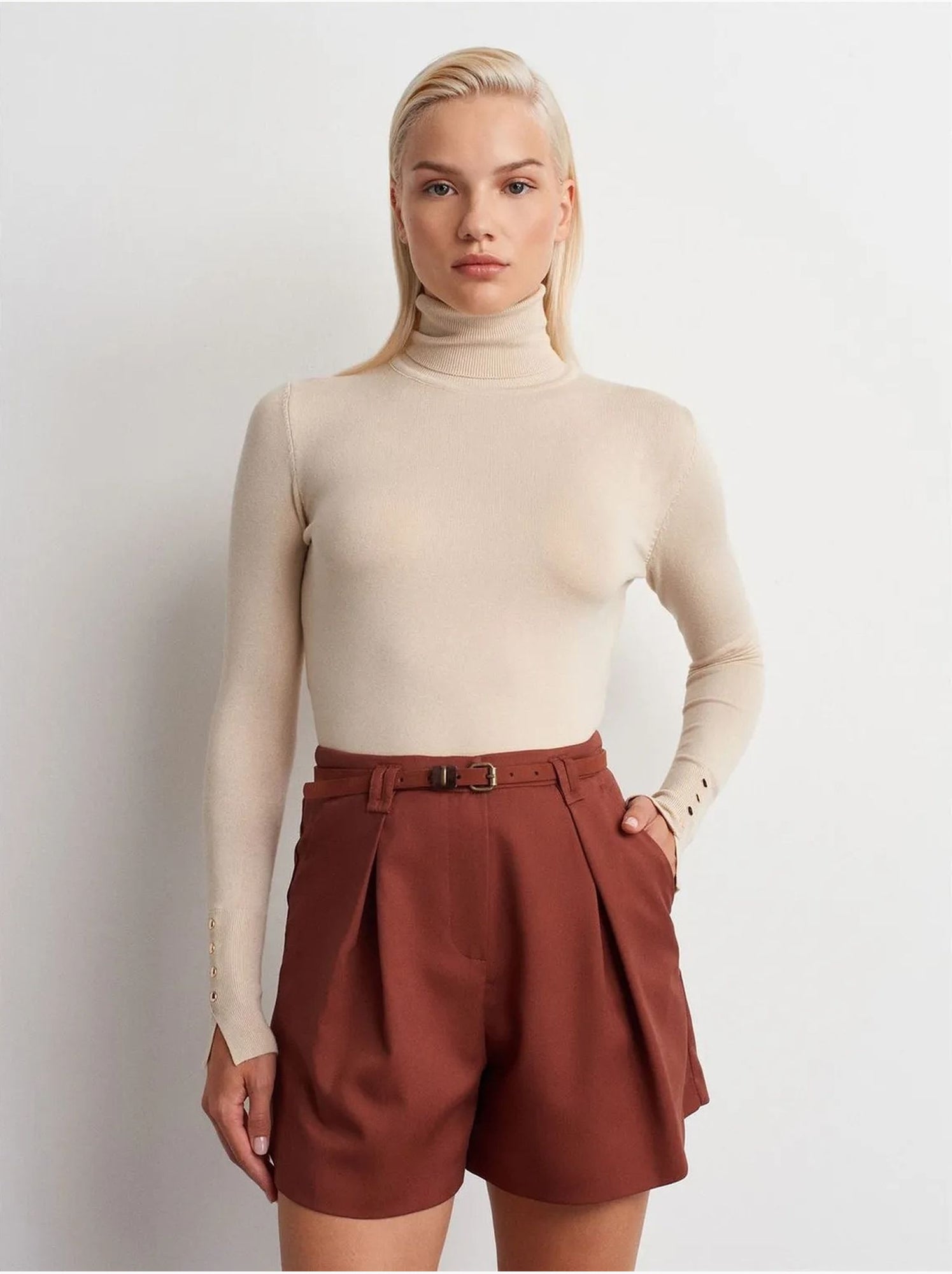 Dilvin short tailleur taille haute avec ceinture - Terracotta