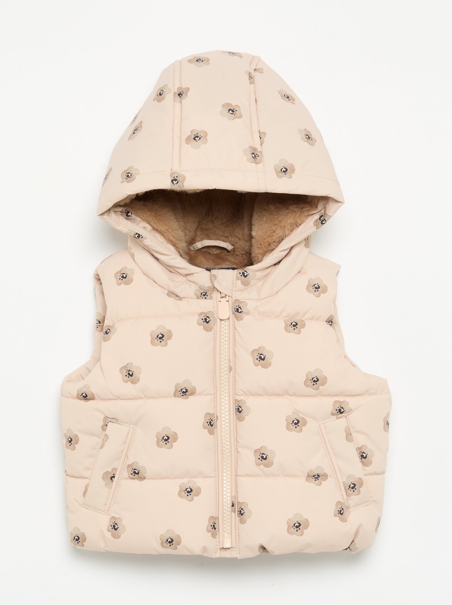 Doudoune imprimée à capuche sans manches - Beige