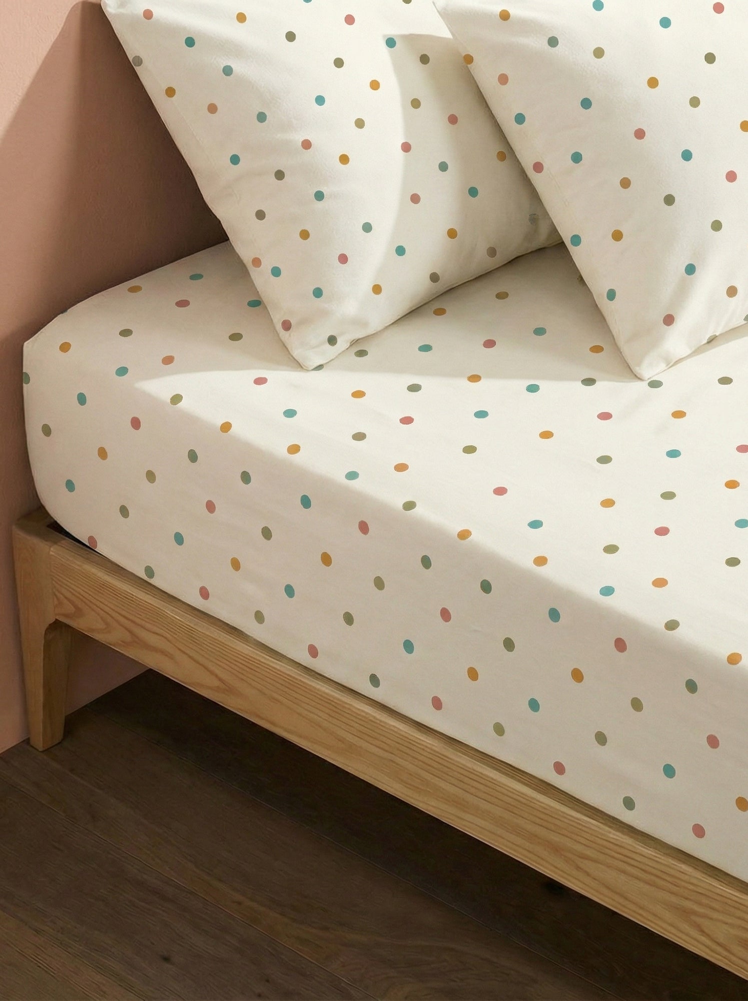 Drap housse 1 personnes 90 x 190 en coton - Beige à pois
