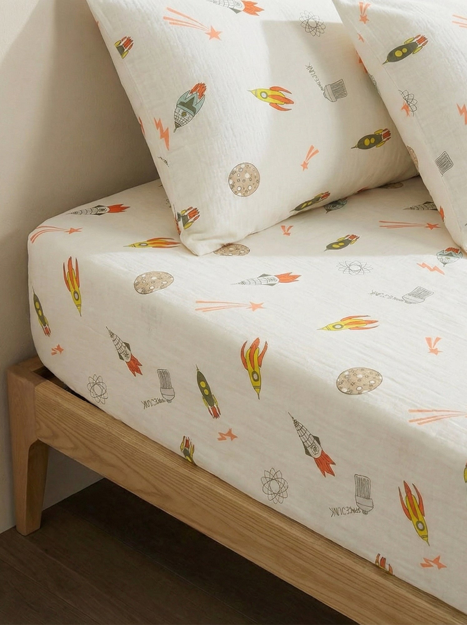 Drap housse 1 personnes 90 x 190 en coton - Beige imprimé