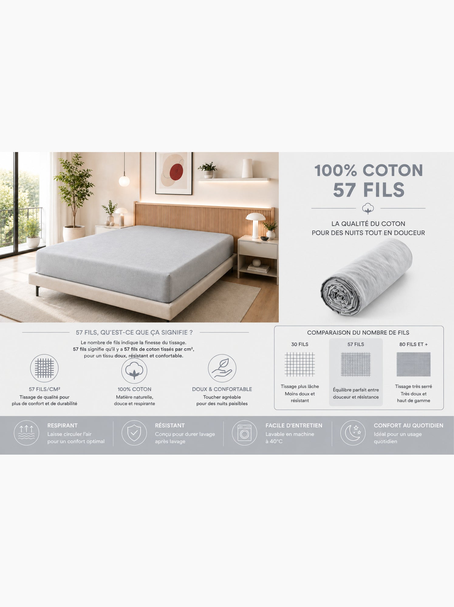 Drap housse – 100% coton 57 fils/cm² - Gris clair