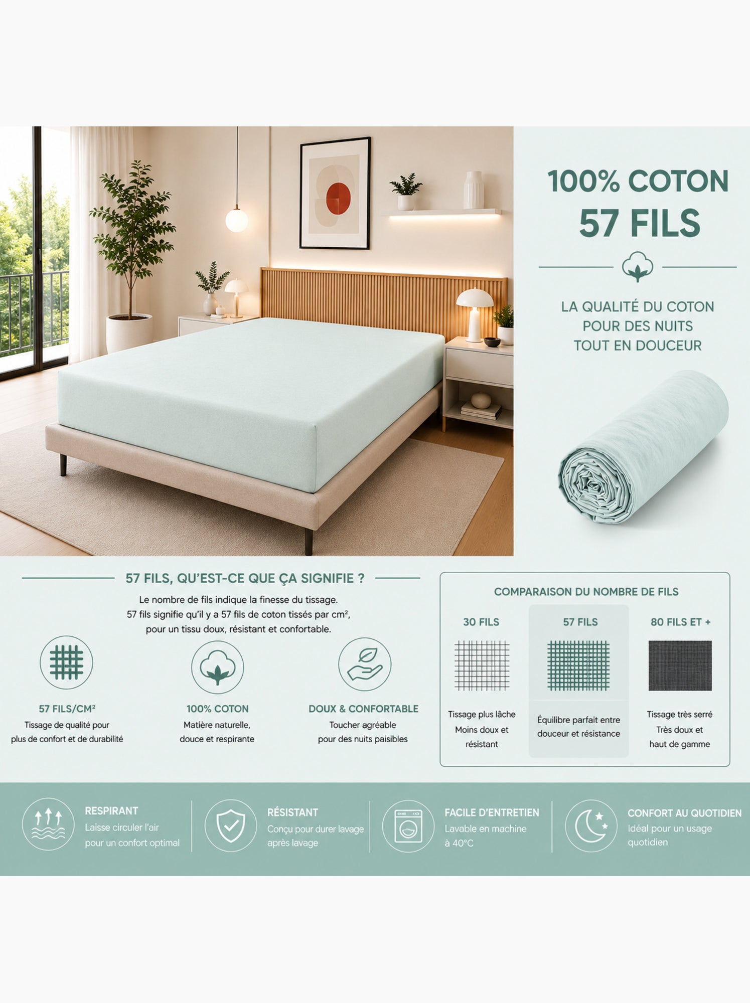 Drap housse – 100% coton 57 fils/cm² - Menthe
