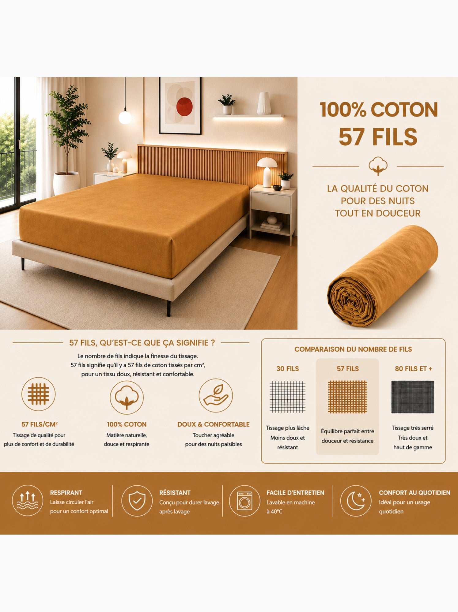 Drap housse – 100% coton 57 fils/cm² - Miel