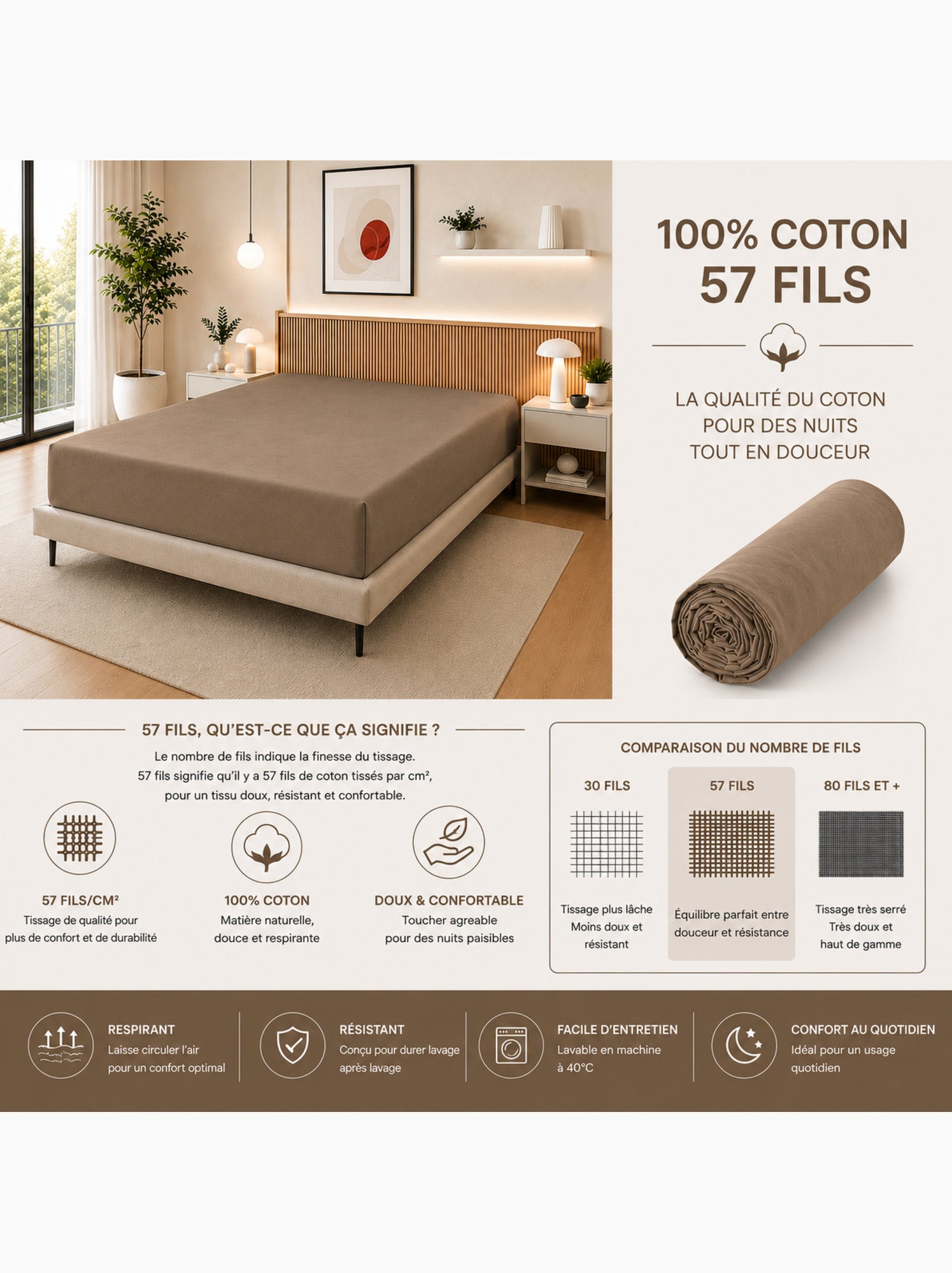 Drap housse – 100% coton 57 fils/cm² - Taupe