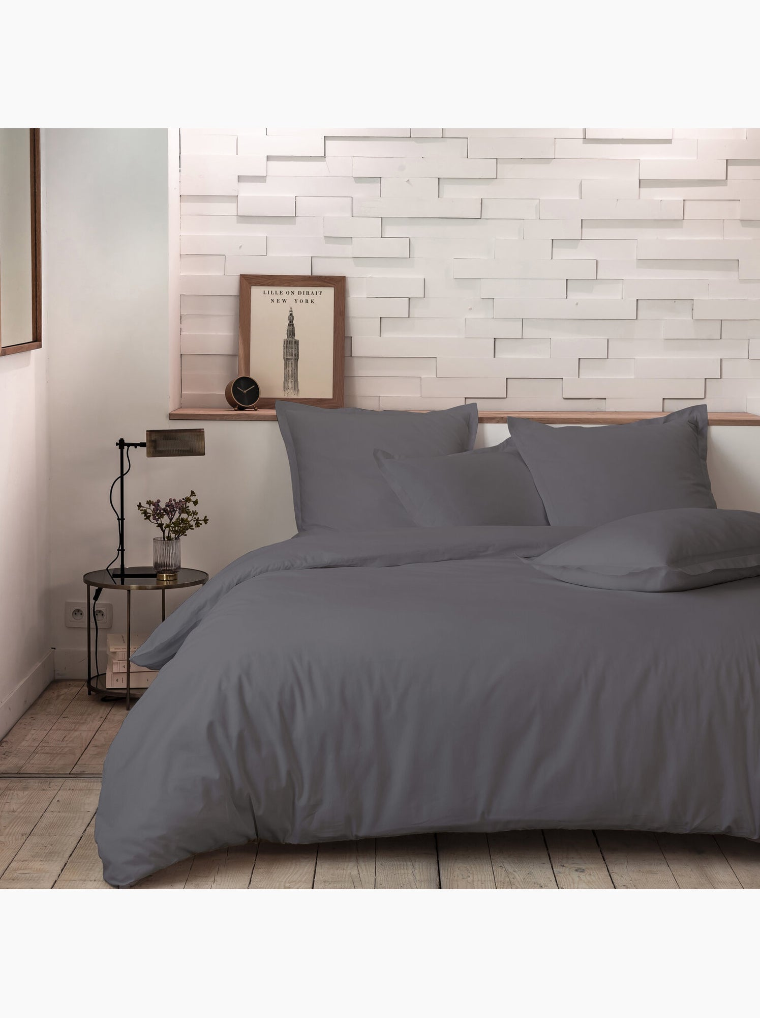 Drap housse 100 % percale de coton mura - gris anthracite