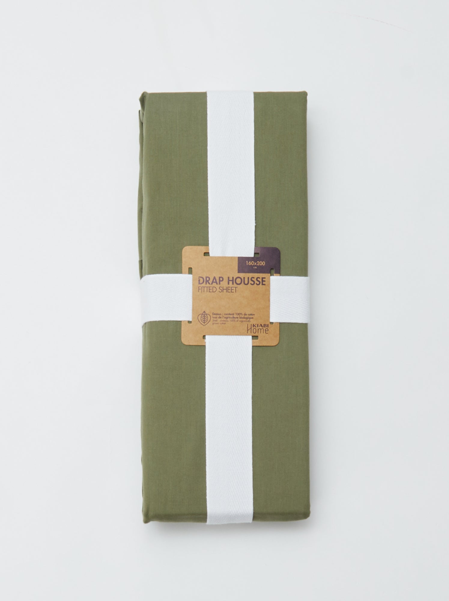 Drap housse 2 personnes 160 x 200cm en coton - Vert kaki